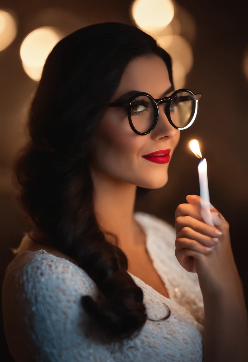 Pixar style image with 3D character white glasses brunette woman long black hair, boca grande com batom vermelho, Maquiagem Disney. dentista rica, blowing out 25th birthday candle.bonitinho, sorridente ,Close-up, Pixar, Disney, Cinema lighting.