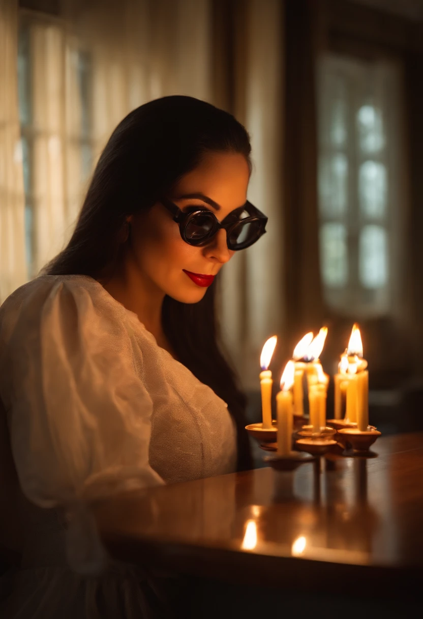 Pixar style image with 3D character white glasses brunette woman long black hair, boca grande com batom vermelho, Maquiagem Disney. dentista rica, blowing out 25th birthday candle.bonitinho, sorridente ,Close-up, Pixar, Disney, Cinema lighting.