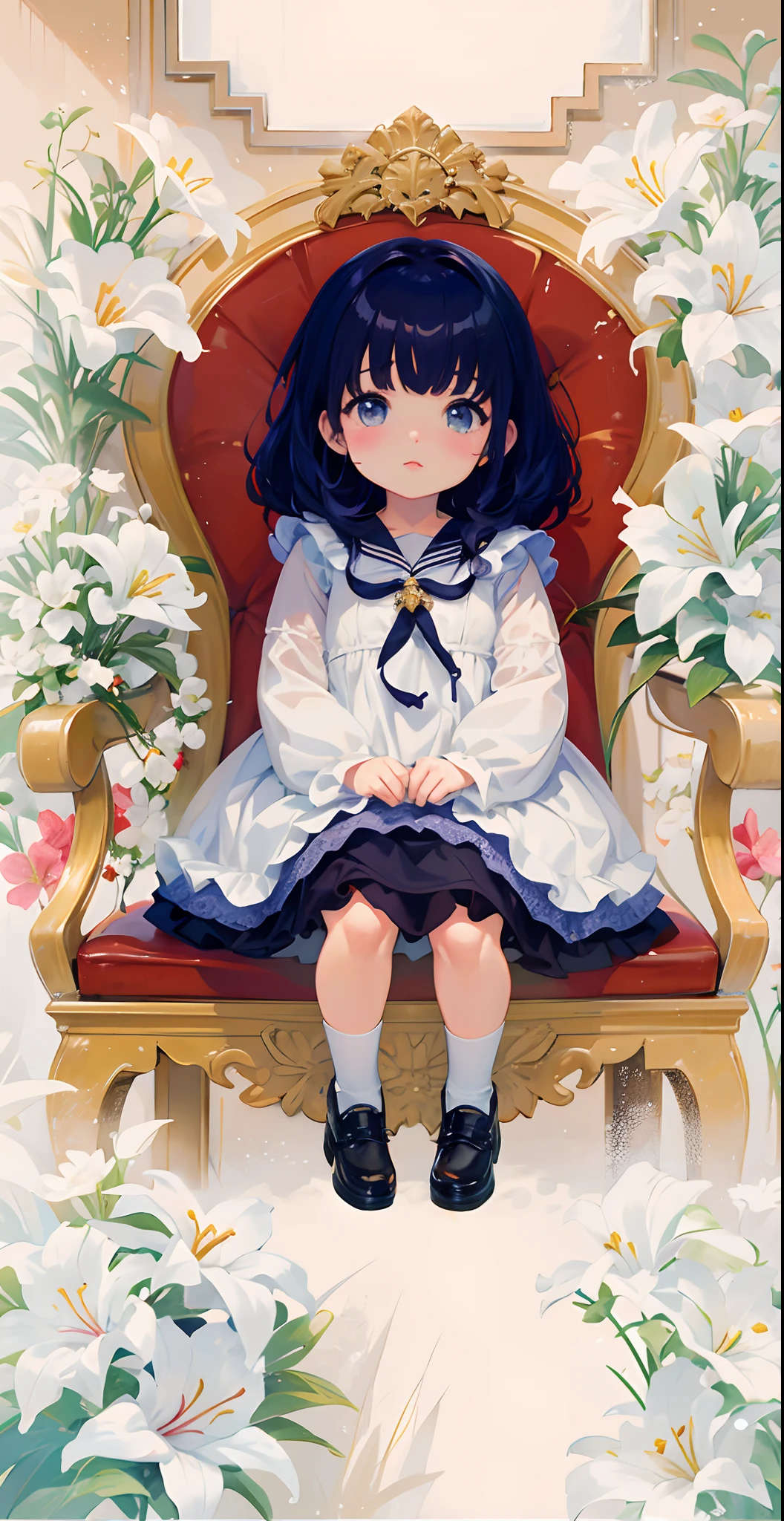 Menina anime sentada em uma cadeira com flores no fundo, visual anime de uma menina bonito, anime moe artstyle, menina pequena loli, capa de anime, small curvy loli, the anime girl is crouching, lolish, sentada em seu trono, meu vestido queridinho anime, Loli no vestido, lily frank, shoujo vintage