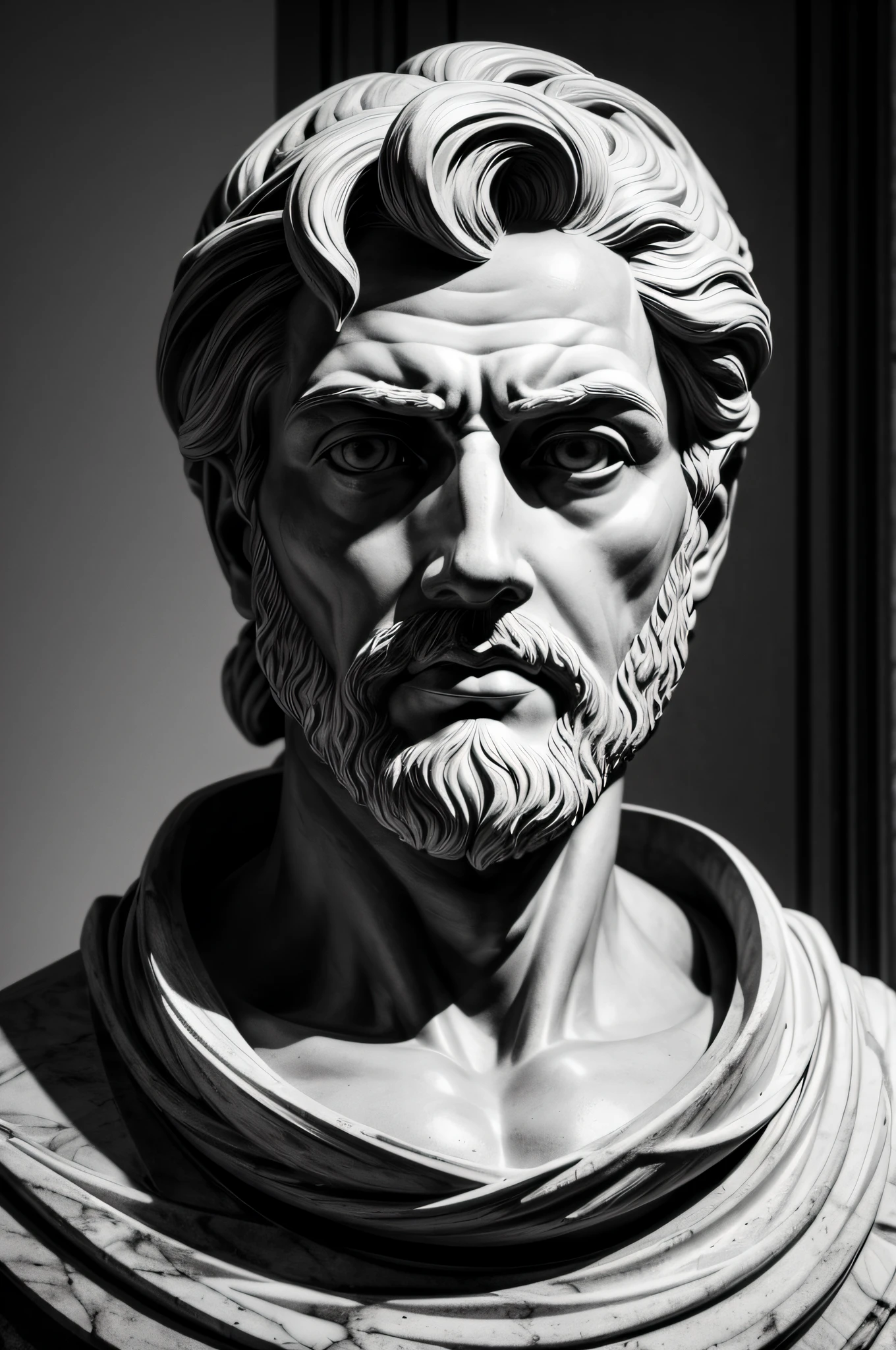 A meticulously sculpted bust in marble, masterfully capturing the likeness of plato. The chiseled features exude an undeniable sense of authority and ambition. The stern expression etched on the face accentuates the profound facial lines, while the stern gaze seems to pierce through time itself. The artistry is enhanced by a play of dramatic lighting, casting shadows that emphasize the dramatic flair of the piece. This remarkable artwork not only stands as a stunning visual study of power but also becomes a profound exploration of history and its complexities. Crafted in a 4:3 aspect ratio, the bust captures the essence of an era defined by influential figures.