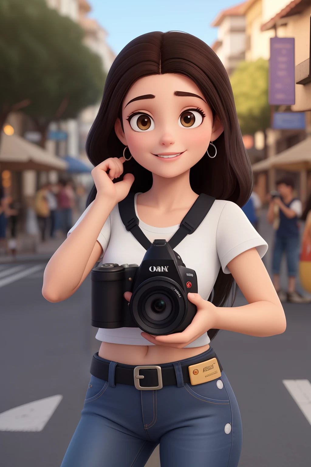 Uma mulher de 18 anos, com cabelos black , olhos black, rosto redondo, sorriso encantador, e olhos castanhos, brincos pequenos na orelha, na rua, Holding a camera in his hand, fotografando os lugares. Tirando fotos, No estilo Disney Pixar