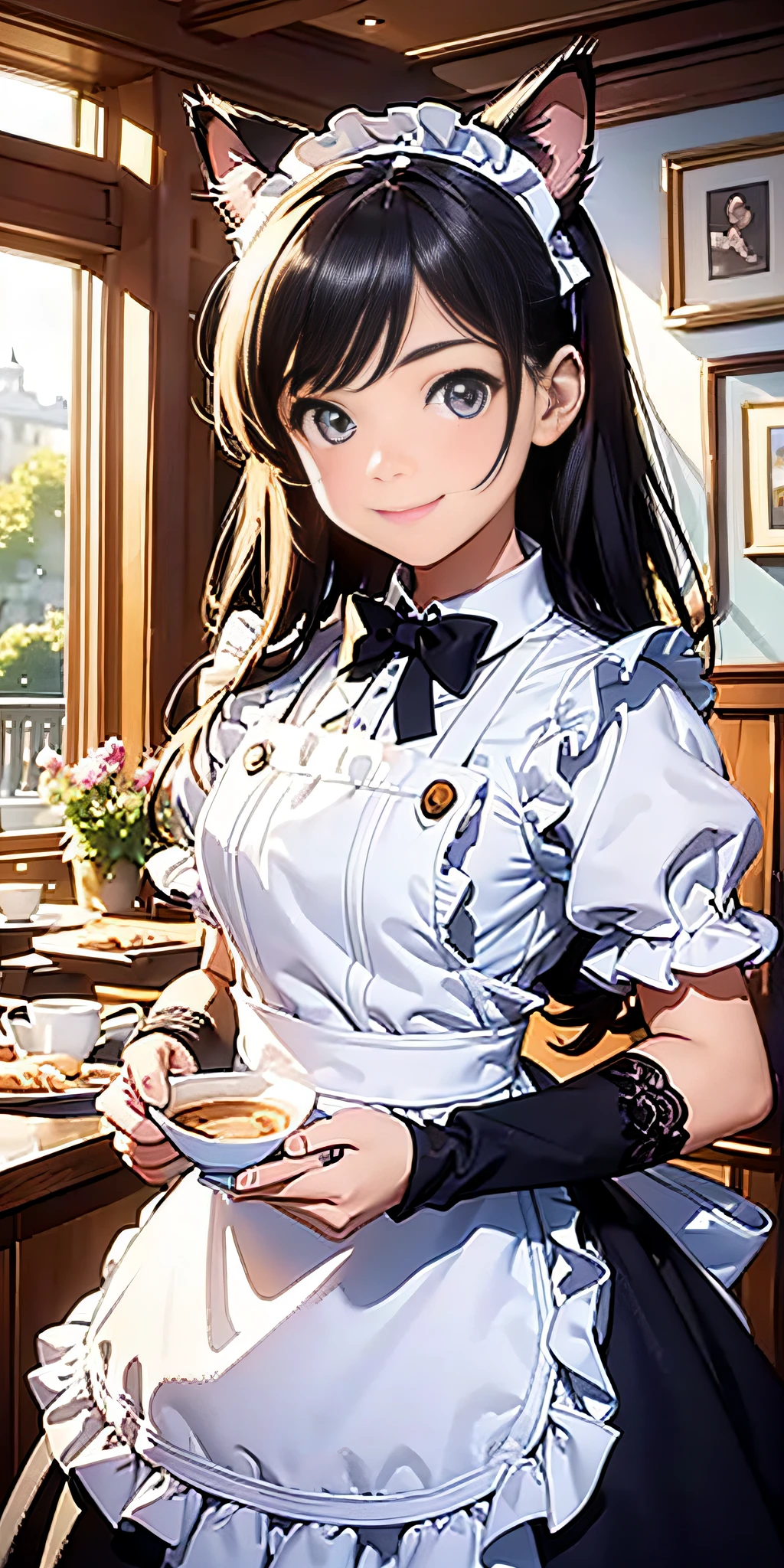 Best quality, masterpiece, HD digital photo of a girl, Pixar animation style, a cat-eared girl in 00% English maid outfit, upper body, standing back smiling looking at the camera, Cafe Background, soft lighting, warm colors, ((()))