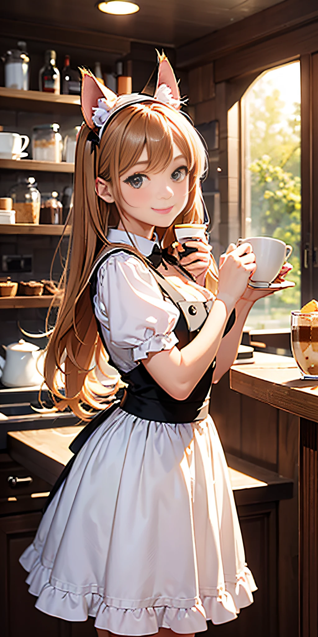 Best quality, masterpiece, HD digital photo of a girl, Pixar animation style, a cat-eared girl in 00% English maid outfit, upper body, standing back smiling looking at the camera, Cafe Background, soft lighting, warm colors, ((()))