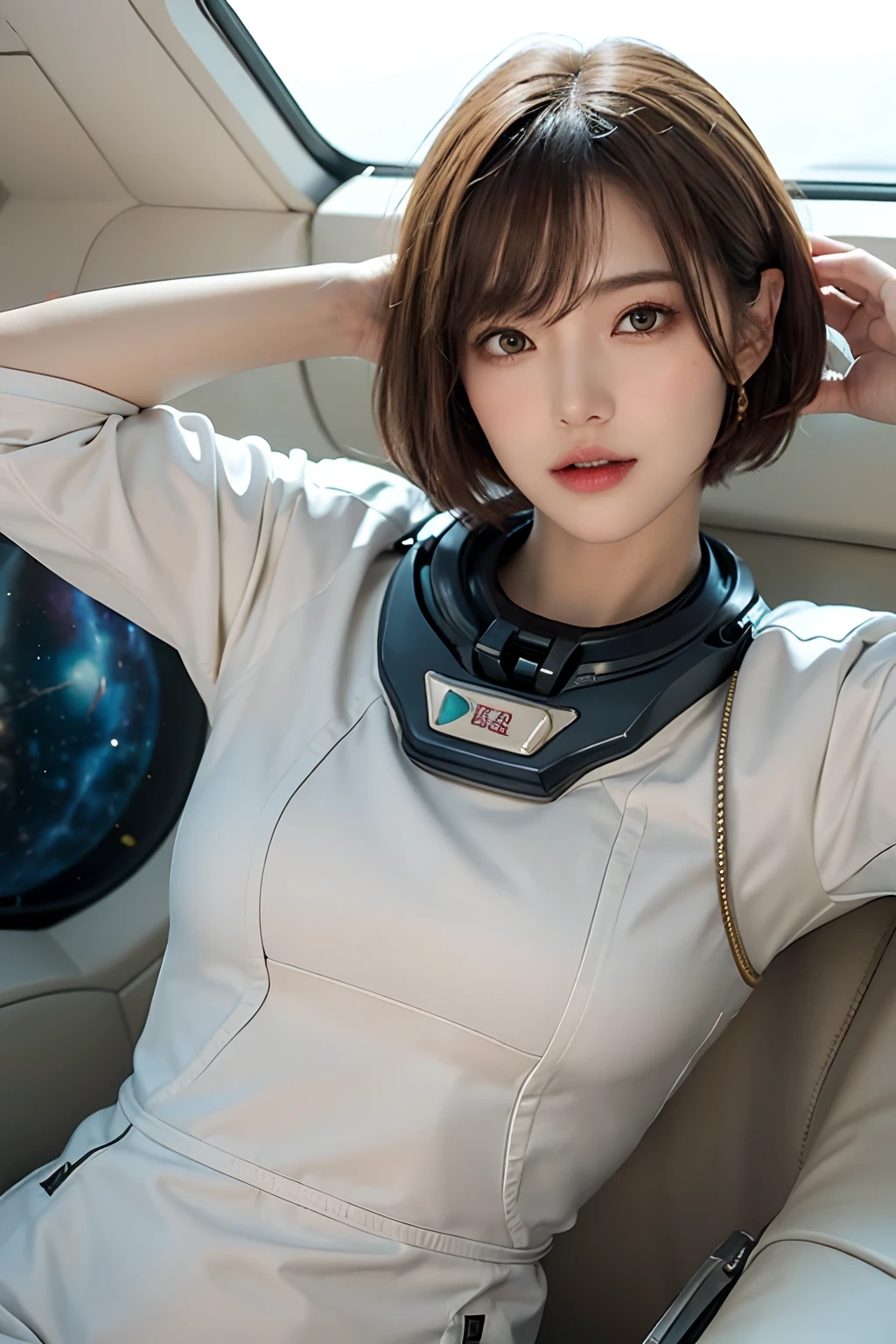 top-quality、​masterpiece、超A high resolution、(realisitic:1.4)、Beautuful Women１、Beautiful detail eyes and skin、ssmile、Light brown short-cut hair、The perfect spacesuit、Inside the spacecraft、cosmic space、Sand Planet、weak sunshine、