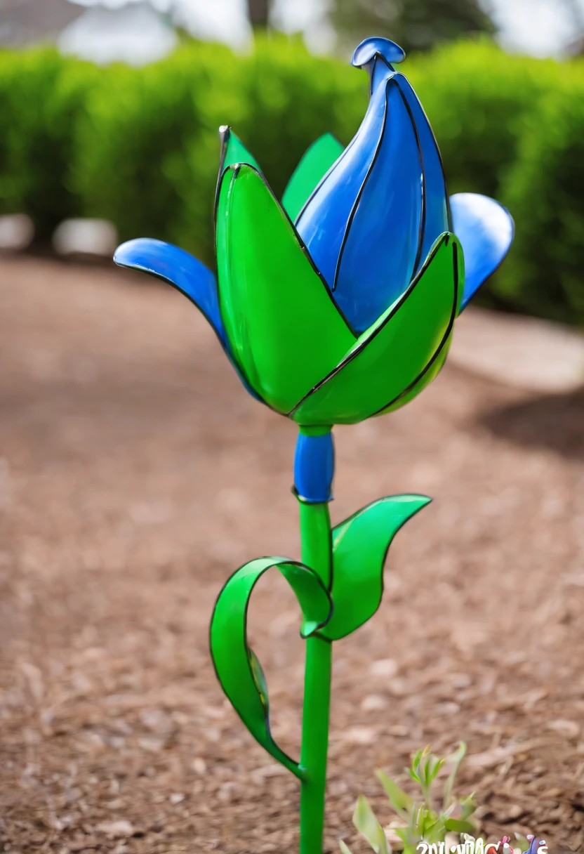 A coiled metal yard ornament of a green stemmed blue tulip --ar 3:4