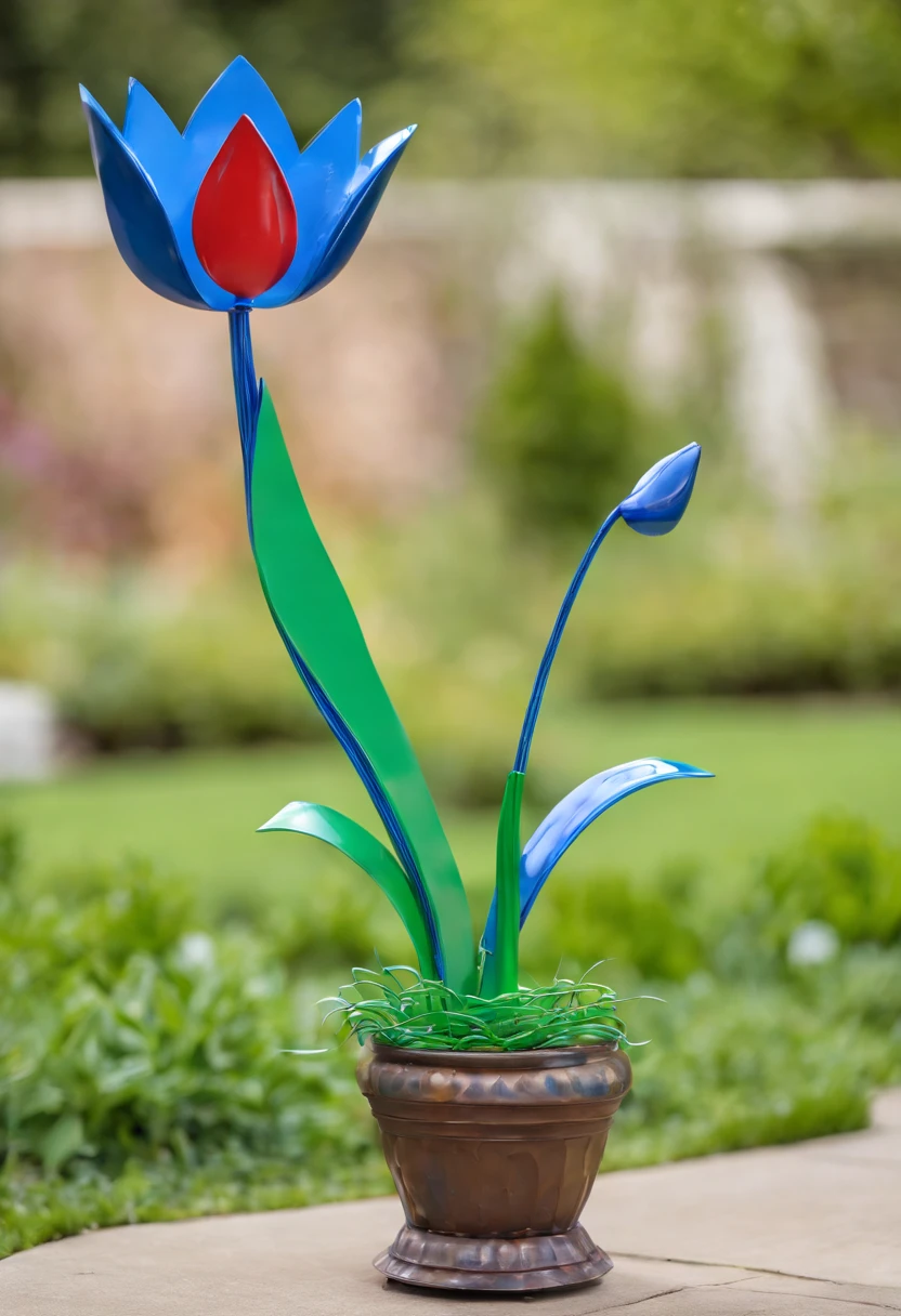 A coiled metal yard ornament of a green stemmed blue tulip --ar 3:4