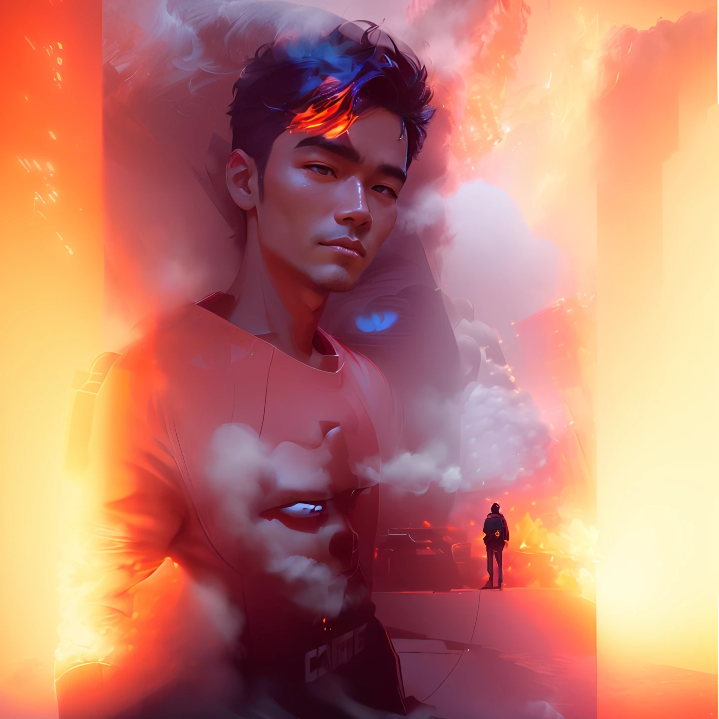 there is a man standing in front of a fire with smoke coming out of it, artwork in the style of guweiz, stefan koidl inspired, inspired by Rudy Siswanto, anton fadeev 8 k, stylized urban fantasy artwork, cg artist, realism artstyle, wojtek fus, inspired by Adrian Zingg, stunning digital illustration