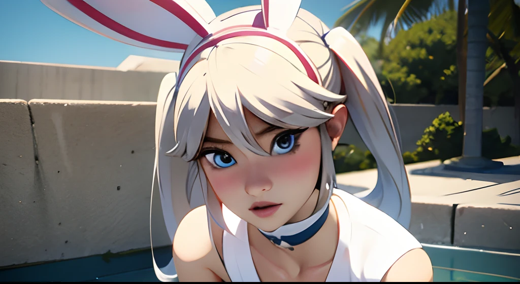 There is a boy in a bunny suit posing for a picture, Yuri Misaki, twintails branco_Luvas, terno asuka sob a roupa!, Shikami, Cosplay de Ayaka, com o dedo indicador, Kotegawa Yui, Yata Hana, Kemono, is wearing a swimsuit, Mayuri Shiina, 2b, 2 b