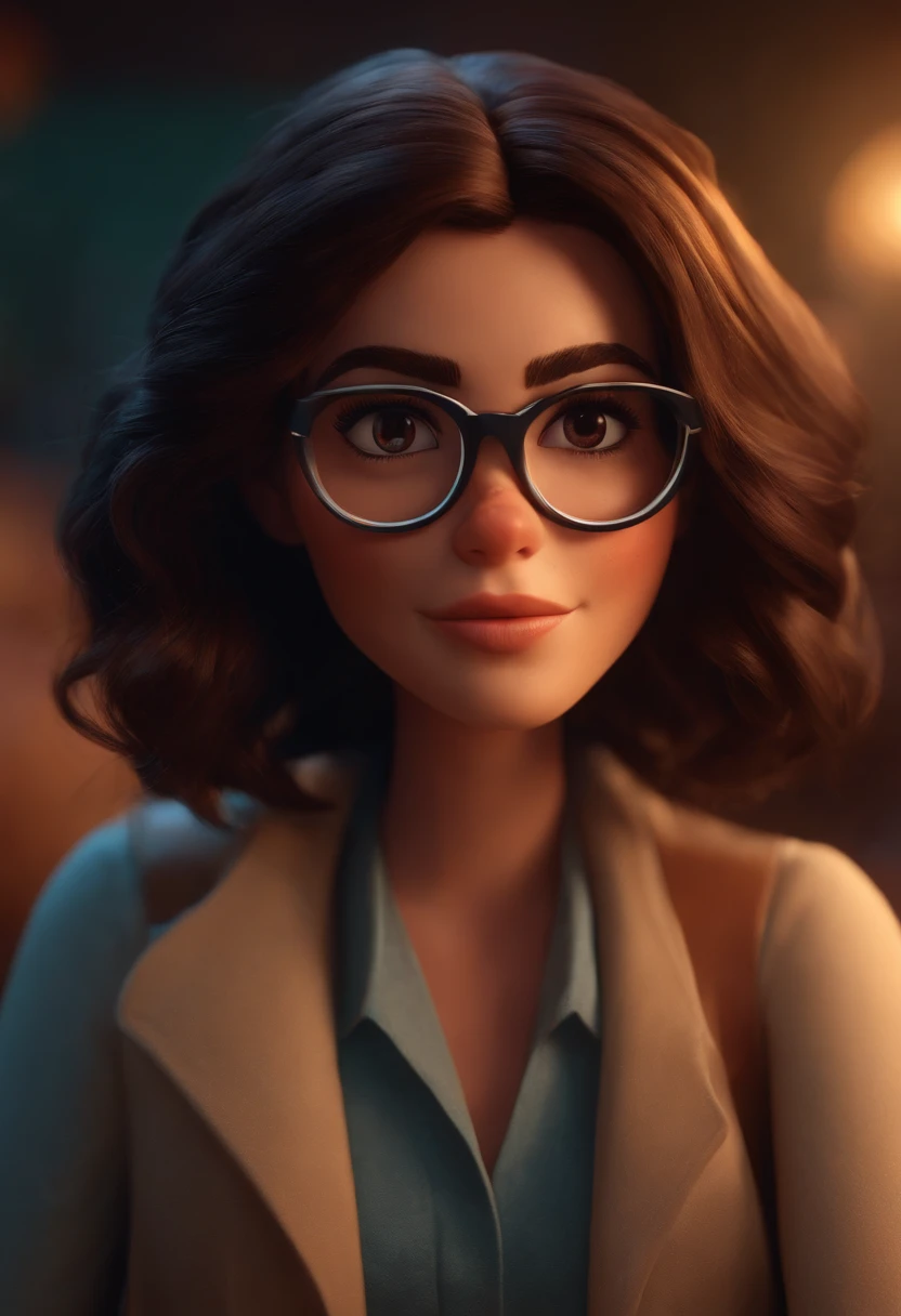 Pixar style image with 3D character glasses brunette woman with long dark straight short hair, Maquiagem Disney,Pescador, bonitinho, sorridente ,Close-up, Pixar, Disney, Cinema lighting,
