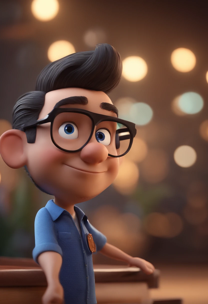 Cartoon character of a man with black glasses and a blue shirt, animation character, Caractere estilizado, animation style rendering, 3D estilizado, Arnold Maya render, 3 d render stylized, toon render keyshot, Personagem 3D, Personagem 3D, 3d rendering stylized, 3 d character render, personagem de desenho animado, Personagem de close up, Pose de personagem, (Estilo Pixar) (master part:1.2) (Bokeh) (best quality) (pele detalhada) (textura detalhada) (8k) (argila) (Cinematic lighting) (foco nítido