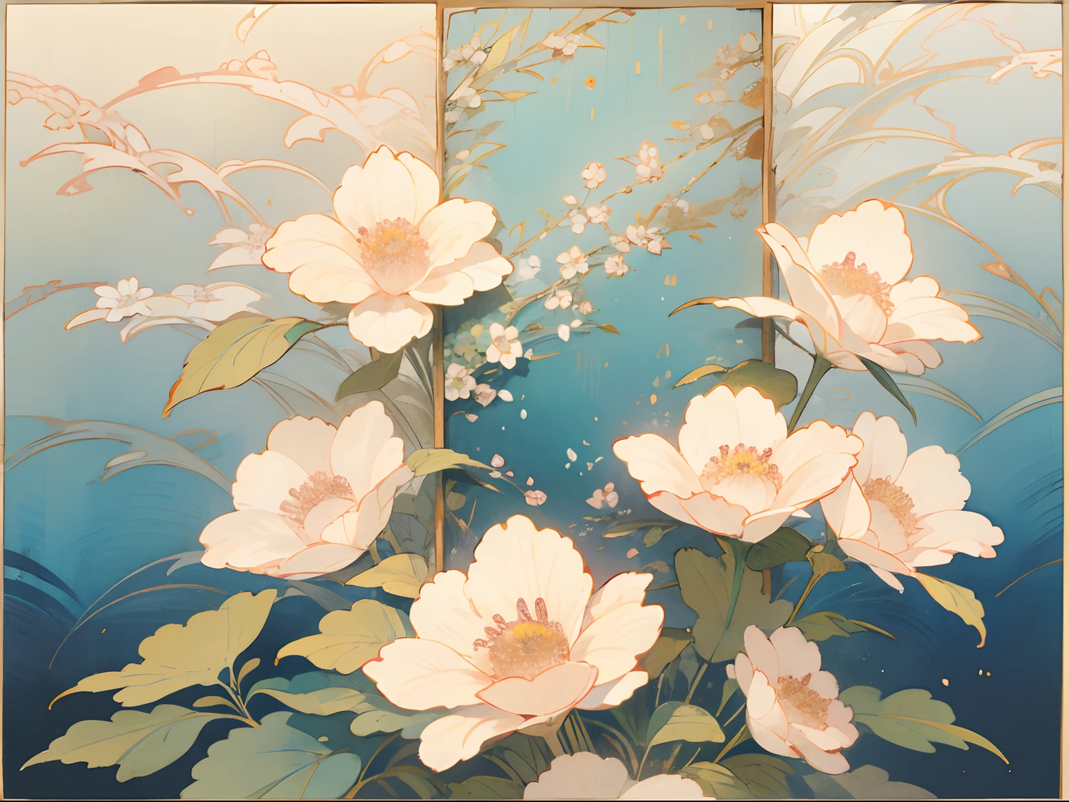 texture planar water color graphic Randomly lined up across the screen technical Traditional pattern wallpaper pastel color masterpiece top quality lots of flowers