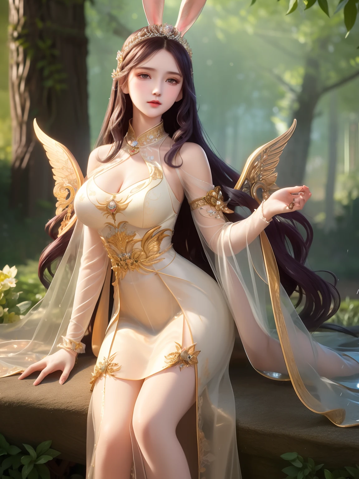 1girl, woman of the Renaissance,very bright light, pouting,jwy1,((see-through)), {beautiful and detailed eyes}, ((hands behind back)),sumptuous jewel, tiara, wet, rainy forest, 18 yo,(angel_wings),CHIBI,1 girl,wonyounglorashy,rabbit ears,long dress,long hair, hair