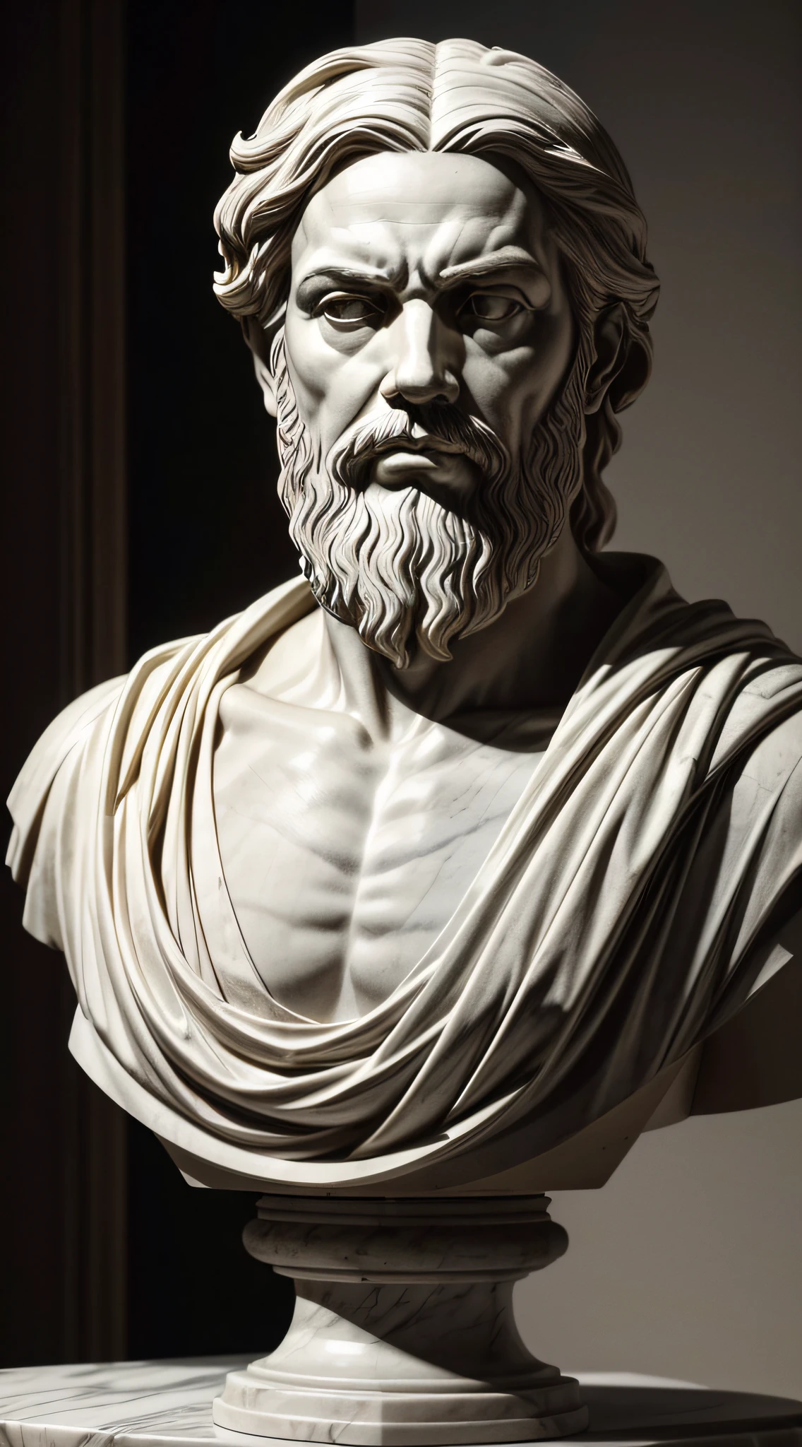 A meticulously sculpted bust in marble, masterfully capturing the likeness of socrates . The chiseled features exude an undeniable sense of authority and ambition. The stern expression etched on the face accentuates the profound facial lines, while the stern gaze seems to pierce through time itself. The artistry is enhanced by a play of dramatic lighting, casting shadows that emphasize the dramatic flair of the piece. This remarkable artwork not only stands as a stunning visual study of power but also becomes a profound exploration of history and its complexities. Crafted in a 4:3 aspect ratio, the bust captures the essence of an era defined by influential figures.