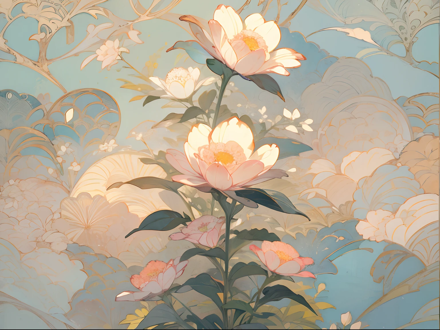 texture planar water color graphic Randomly lined up across the screen technical Traditional pattern wallpaper pastel color masterpiece top quality lots of flowers