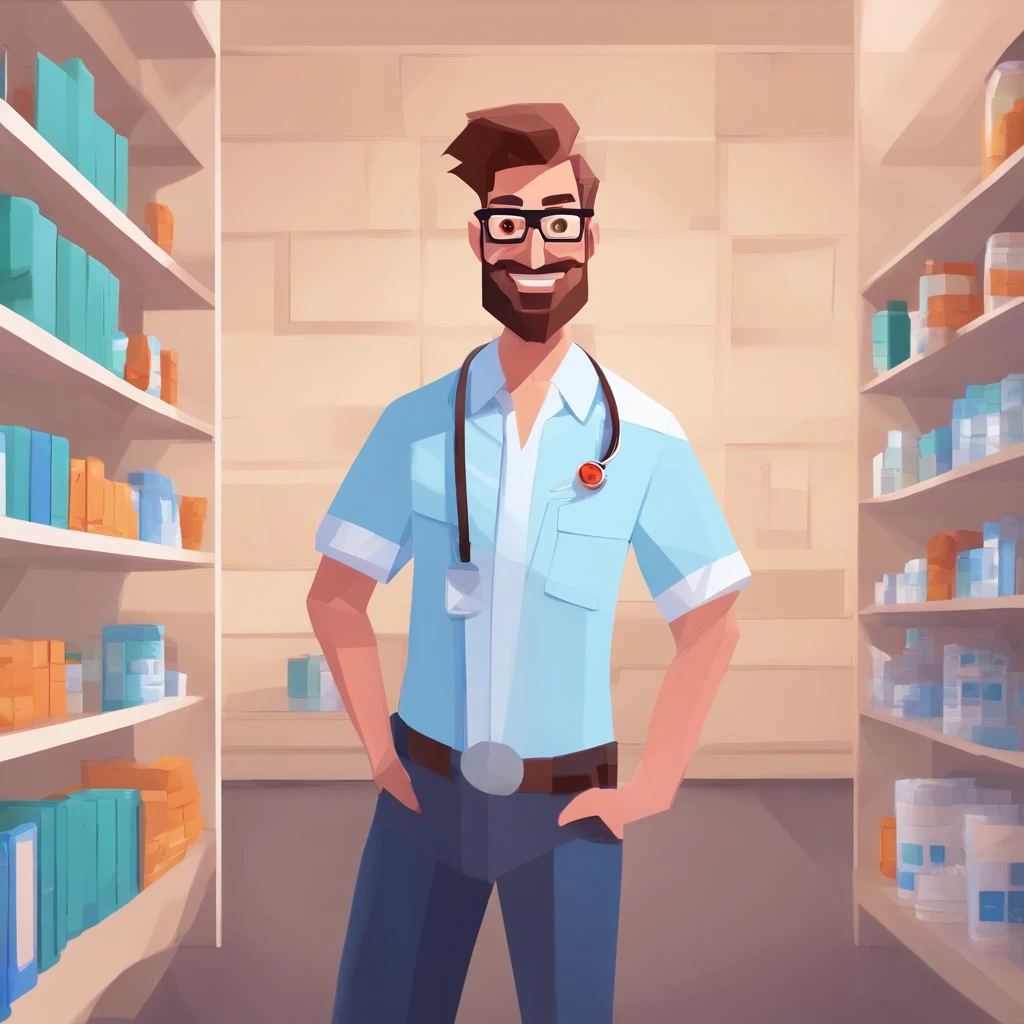 Create a poster in the style of DISNEY PIXAR 8k movies. The setting should be a beautiful office Realistic hospital pharmacist, com cores claras e tons de azul, ample space. A imagem principal deve ser de um homem de 28 anos, A handsome Pharmacist , com pele parda, cabelo castanho escuro pouco enrolado, a homem com um sorriso no rosto, Wearing glasses and shirt like a pharmacist. The pharmacist must occupy up to 30% da imagem.