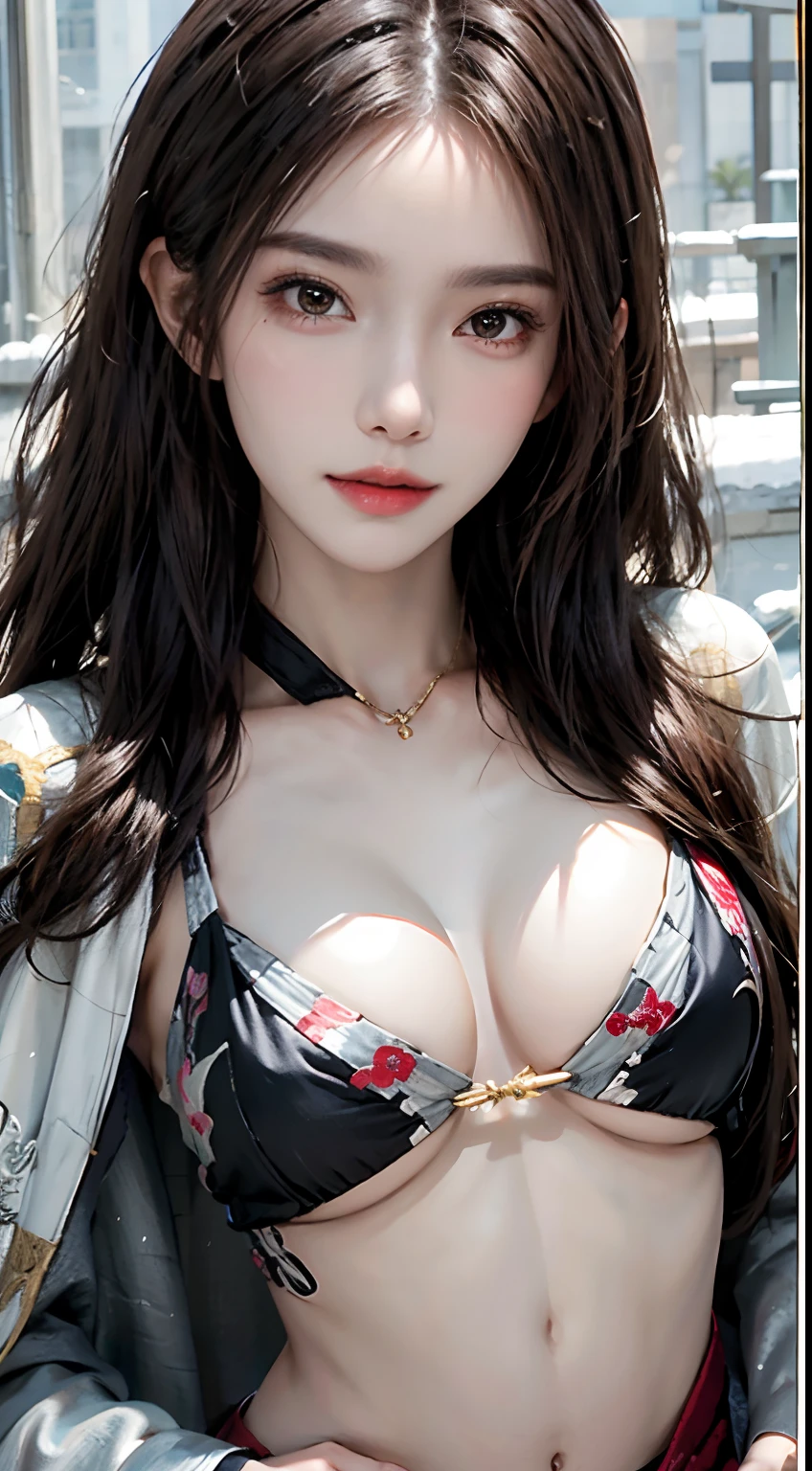 Photorealistic, high resolution, Soft light,1womanl, Solo, Hips up, shiny skins, (Detailed face),tattoo, jewelry, Winter hanfu, Cloak, Snow, Night, Wavy hair, Beautiful soldiers, Grab the audience's eye, Lover's perspective, Invitation expression, Sexy smile, Perfect style, Perfect balance, Detailed skin, mischievous gaze, chest visible