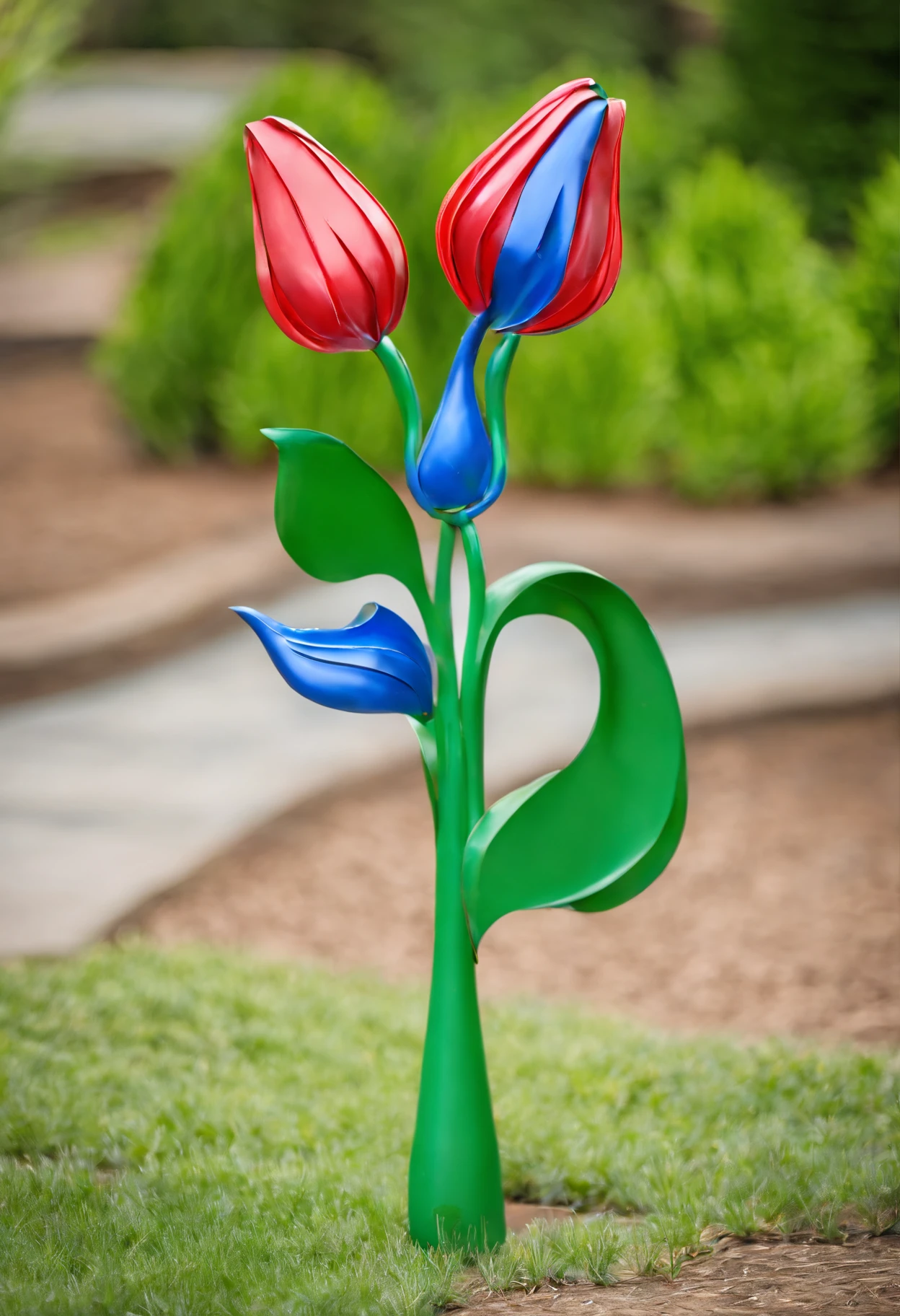 A coiled metal yard ornament of a green stemmed blue tulip --ar 3:4