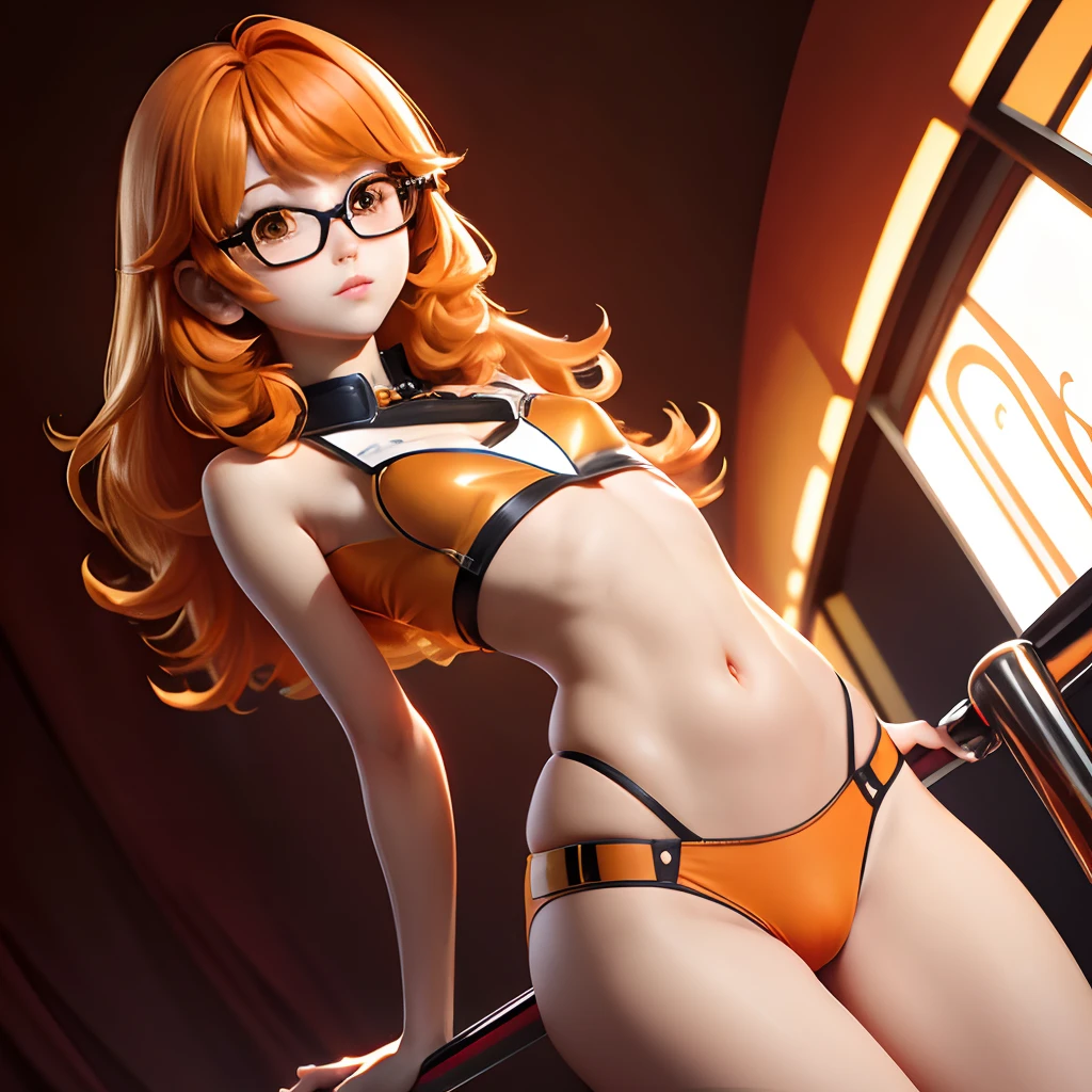 Orange hair、hime-cut、Golden Eyes、eye glasses、age daughter、flat chest、Thin pubic hair、Beautiful open legs、pole dance