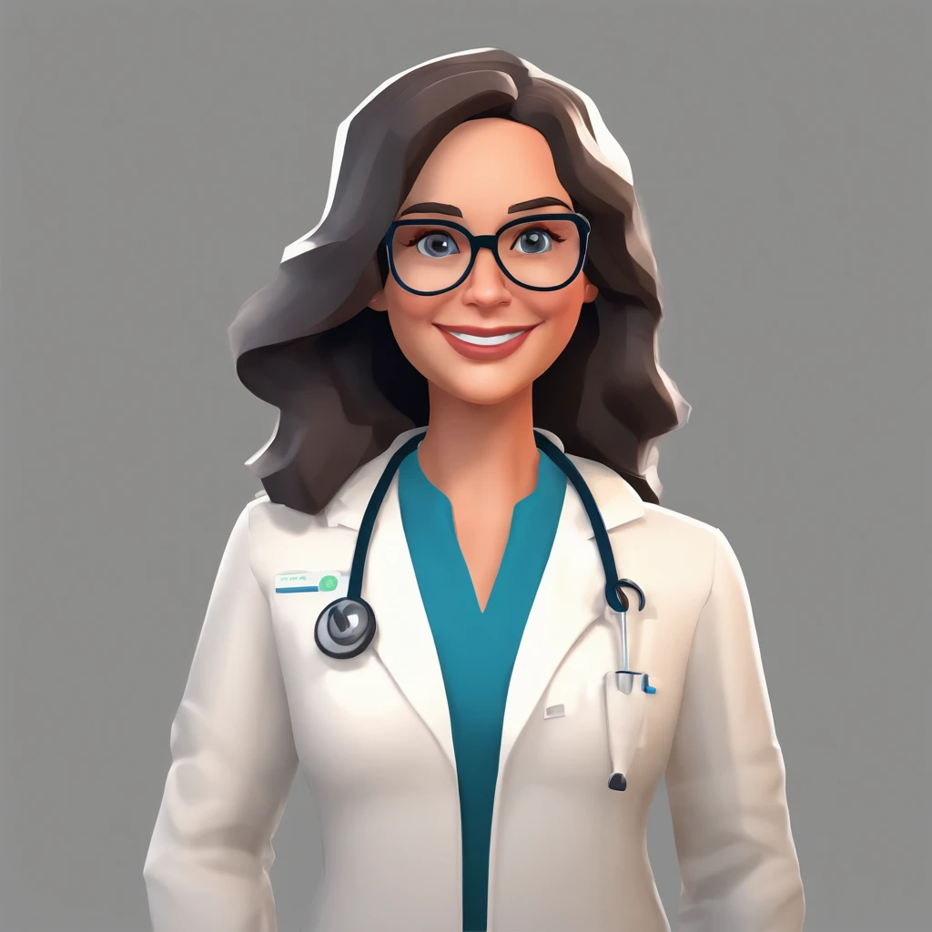 Create a poster in the style of DISNEY PIXAR 8k movies, and write the Title: BRUNELLA. The setting should be a beautiful realistic doctor's office, com cores claras e tons de azul, ample space. A imagem principal deve ser de uma mulher de 30 anos, A Beautiful Doctor, com pele branca, Longas, cabelo preto liso, a mulher com um sorriso no rosto, Wearing glasses and dressed like a doctor. The woman must occupy up to 30% da imagem, at the top should have the title with font and PIXAR DISNEY style.