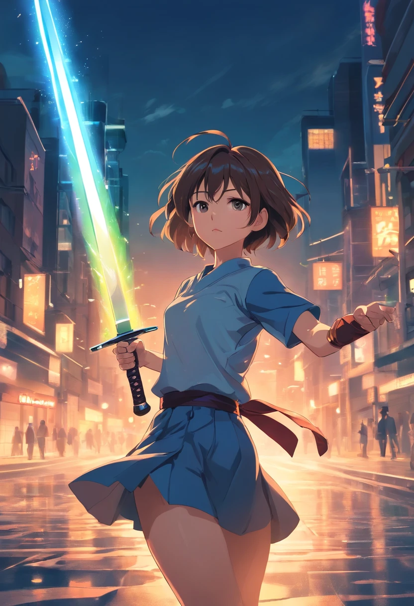 Anime girl with a sword in the city at night, she holds a sword, Artorian Pendragon, Female protagonist 👀 :8, holding a sword on her shoulder, practising her sword staces, anime style like fate/Stay Night, cushart krenz key art feminine, epic light novel cover art, epic light novel art cover, with large sword