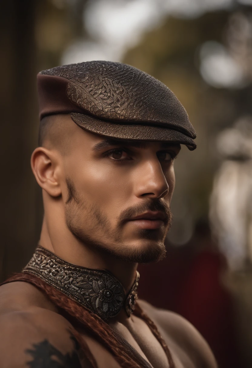 a melhor qualidade,Ultra detalhado,Realista:1.37,Homem bonito,rosto bonito,Olhos detalhados cor de mel,maxilar forte,Barba de palha,sorriso bonito,Fantasia chique,cabelo elegante,Furioso,Security Posture,cavalo,Visual cativante,bem arrumado,profissional,model appearance,Cores brilhantes,studio lighting,Tom de cor quente,Meio:retrato