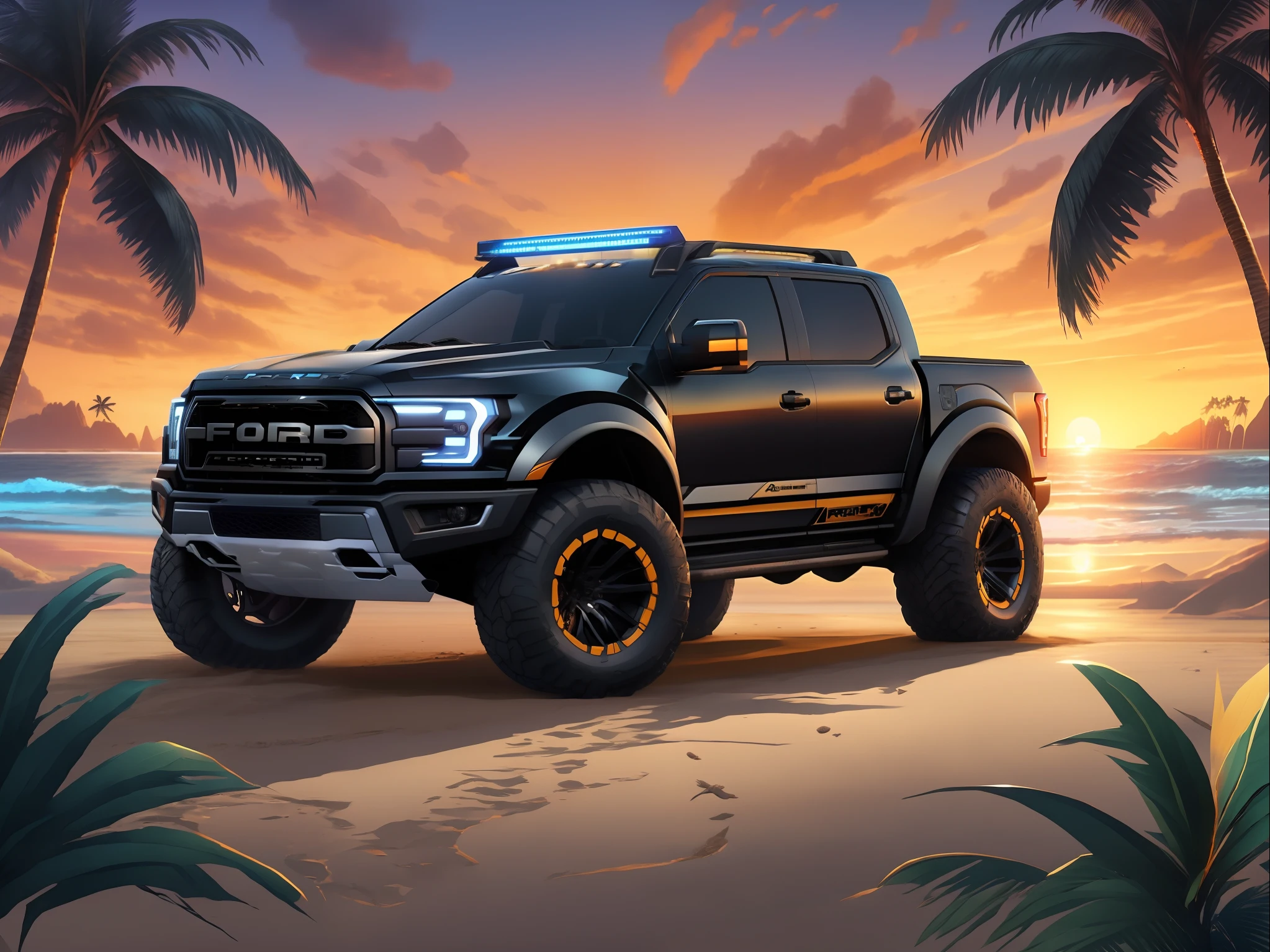 huge pick-up truck on the beach with palm trees and sunset, black Ford F-150 raptor on the beach wallpaper 4k, wallpaper 4 k, hq 4k wallpaper, hq 4k , adventure hyper realistic render, pc wallpaper, hd wallpaper, high quality desktop wallpaper, background artwork, high quality wallpaper, amazing wallpaper, raptor
