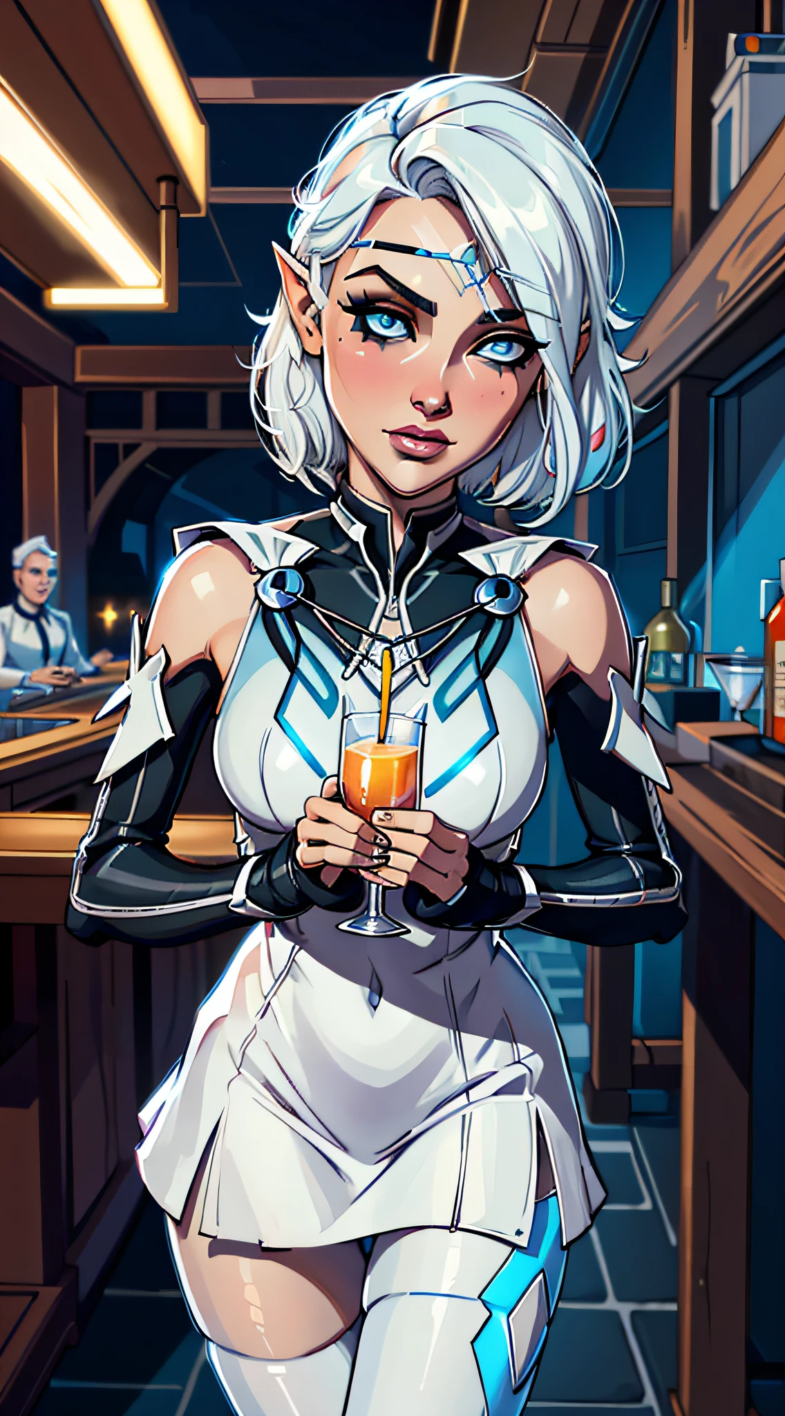 (masterpiece, best quality:1.3), BGIsobel, 1girl, short hair, blue eyes, pointy ears, drinking cocktails at the night bar, white sexy short dress, (black pantyhose), very coherent symmetrical artwork, by Range Murata, artgerm, digital illustration, beautiful