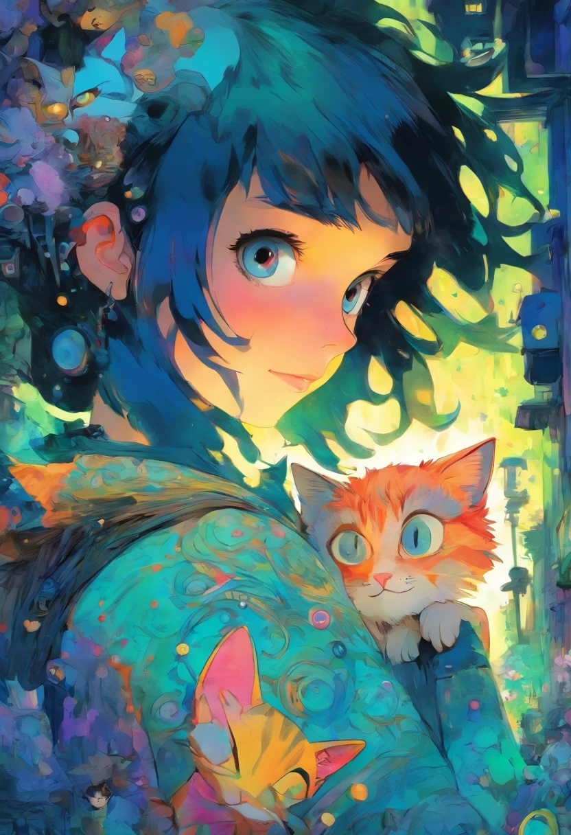 girl with a cat on her shoulder, in anime style, there is a cat next to her, in anime style, coraline, detailed fanart, anime style illustration, masterpiece, high resolution, 1girl, 1cat, Button background acuarela stile, one large button, flat background, white background