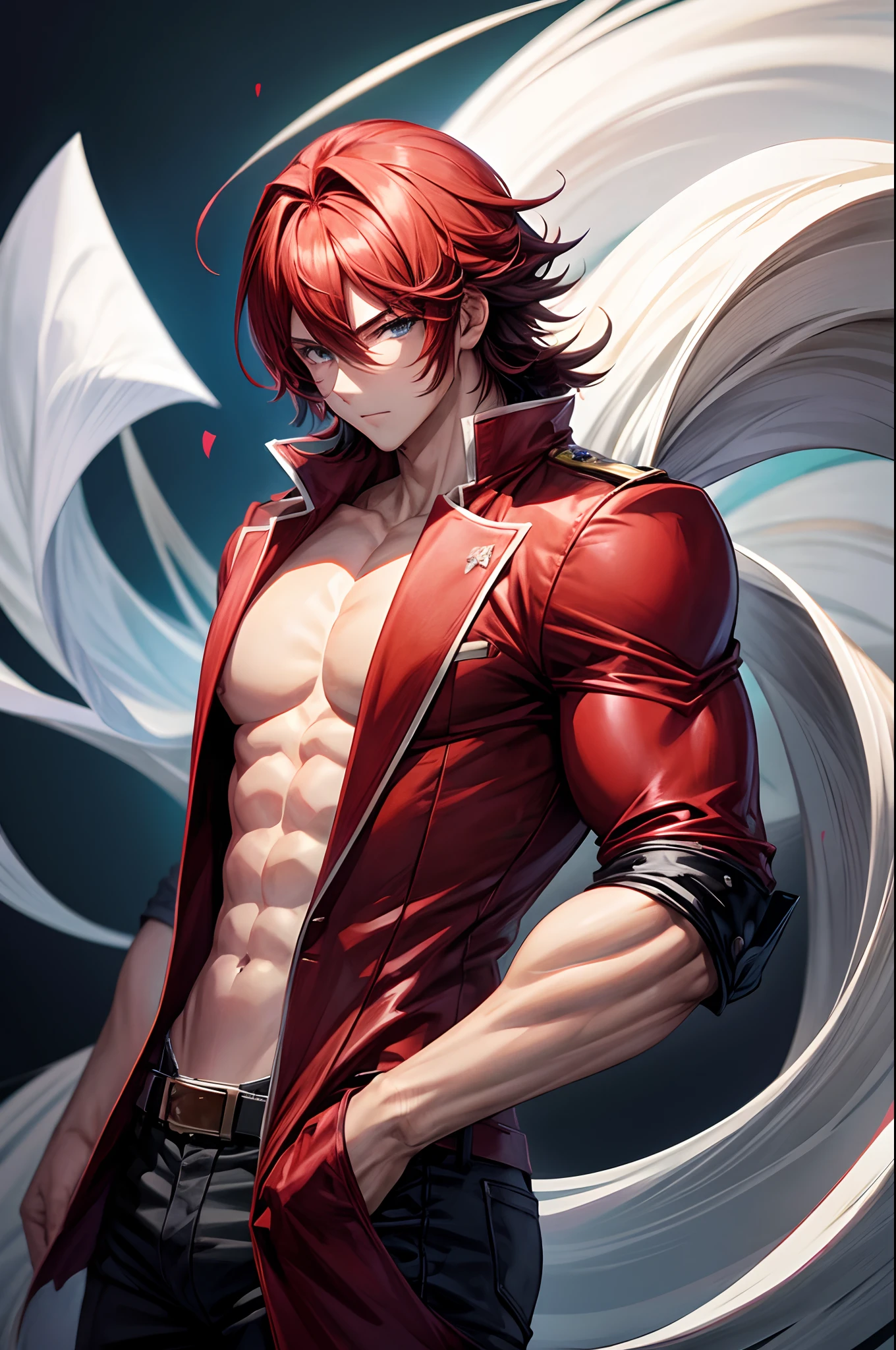 crie um personagem de anime masculino cabelo vermelho musculoso