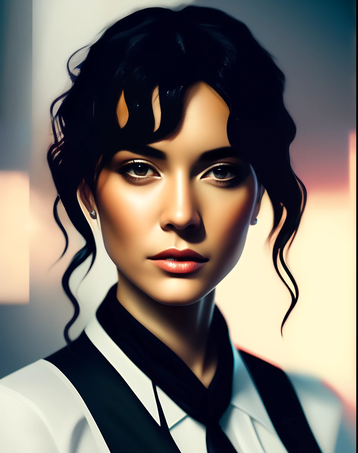 there is a woman with a tie and a white shirt, gorgeous digital painting, stunning digital painting, realistic digital art 4k, realistic digital art 4 k, cinematic realistic portrait, glossy digital painting, realistic female portrait, realistic digital painting, elegant digital painting, digital art portrait, ultra realistic digital painting, detailed beautiful portrait, character art portrait, photorealistic digital painting
