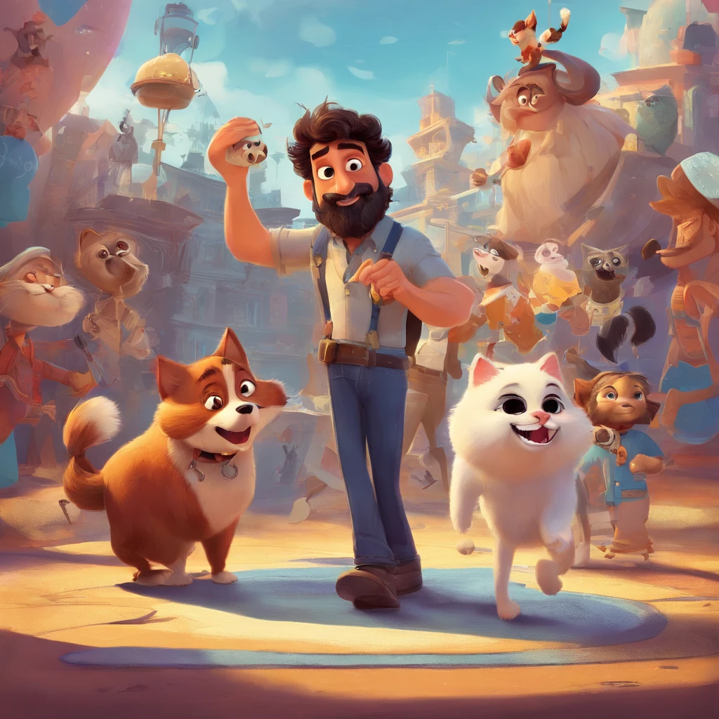 Um cartaz de filme pixar da disney com um personagem de barba e bigode curtos. Usando roupa de bruxo, sorrindo, cantando num microfone de pedestal, in one arm holding a dog and in the other holding a cat. Under a blue sky, cheio de estrelas, planetas e discos voadores