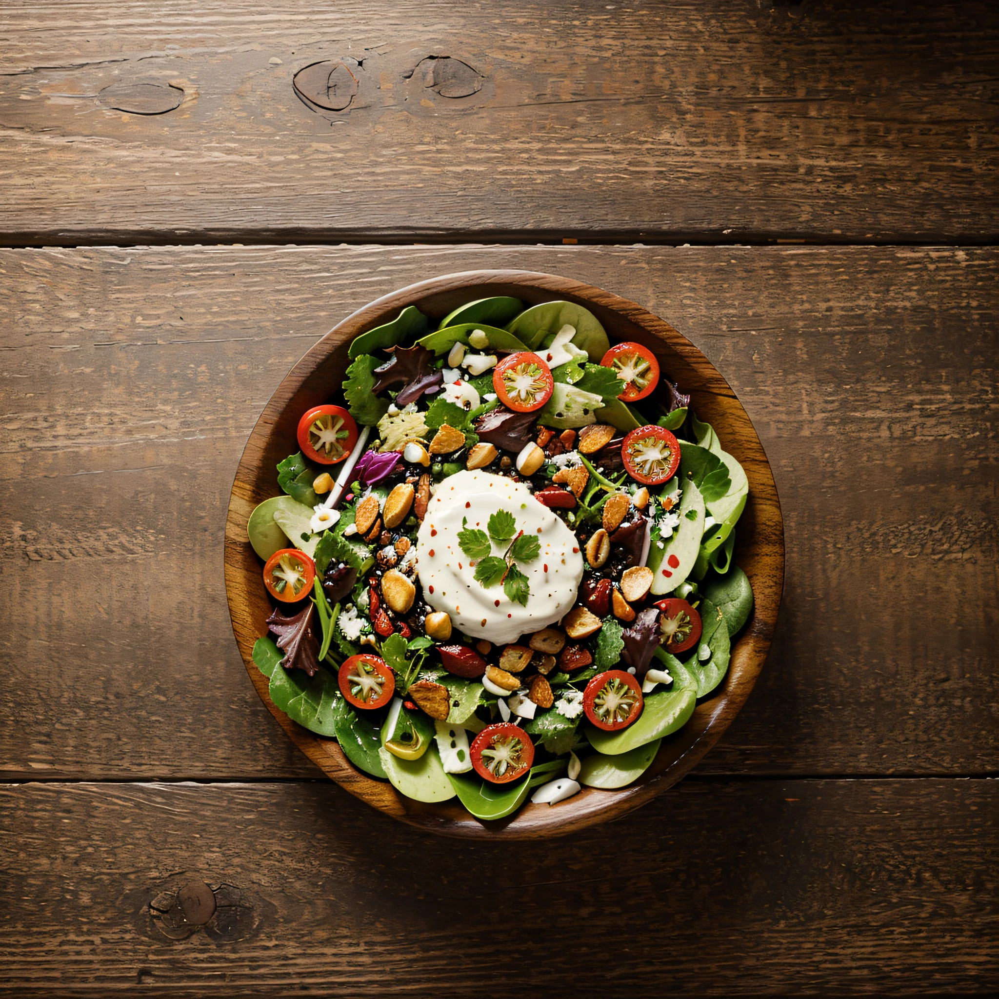 top view, photography of salad dish on wooden table, food photography, photorealistic, HD, epic photo, dynamic, cinematic, dark background, fine details, top view