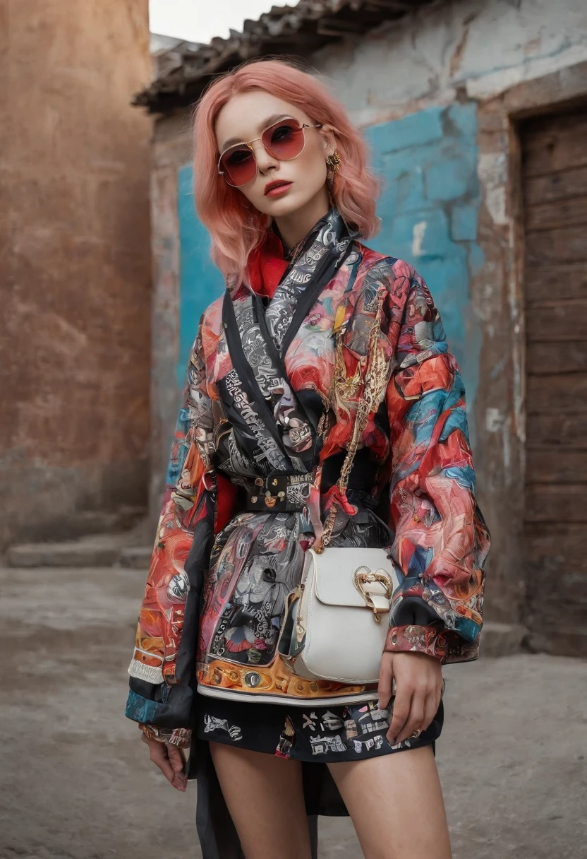 A woman with pink hair and sunglasses standing in front of a building ...