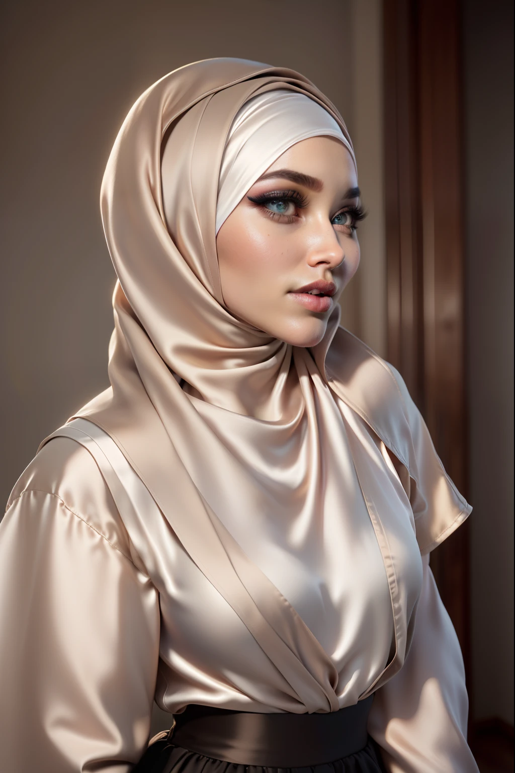 3DMM, ((Masterpiece, best quality, photography, detailed skin, realistic, photo-realistic, 8k, highly detailed, full length frame, High detail RAW color art, diffused soft lighting, shallow depth of field, sharp focus, hyperrealism, cinematic lighting, hijab, a woman in a beautifully makeup, smokey eyeshadow, beautiful big eyes, long eye lashes, wearing (Taupe satin hijab), loosely tide hijab style, ((Taupe satin shirt)), satin long maxi skirt