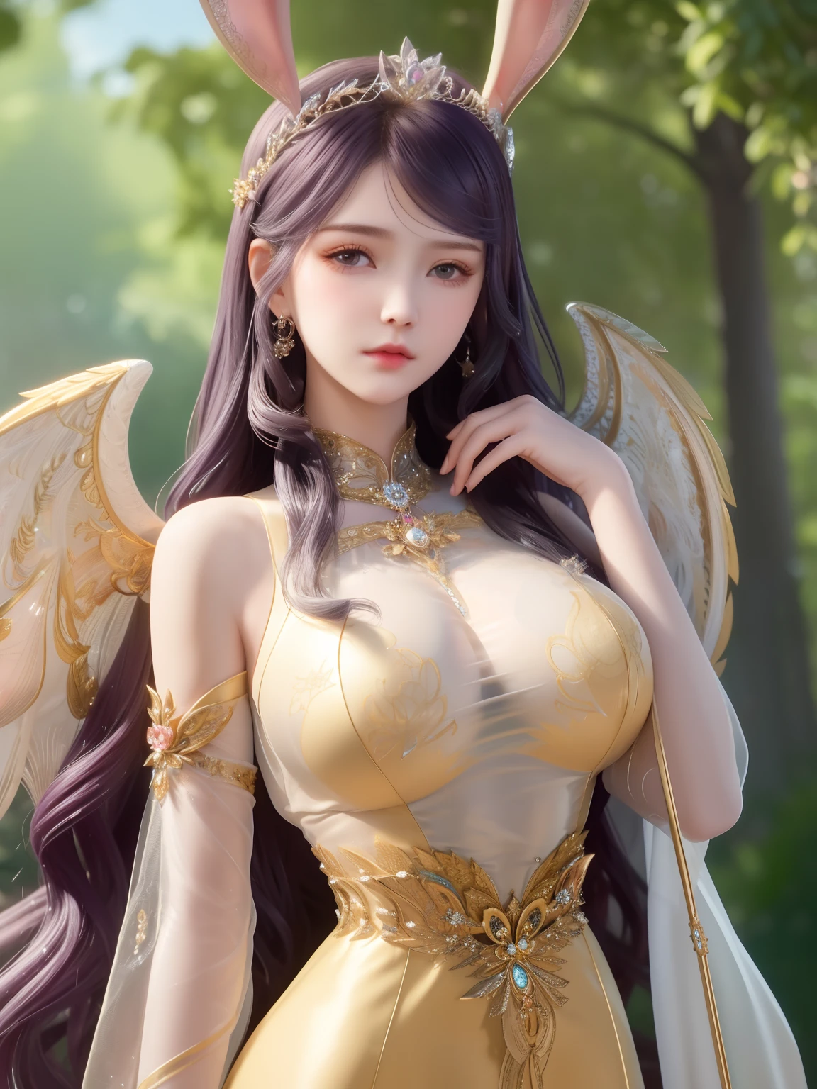1girl, woman of the Renaissance,very bright light, pouting,jwy1,((see-through)), {beautiful and detailed eyes}, ((hands behind back)),sumptuous jewel, tiara, wet, rainy forest, 18 yo,(angel_wings),CHIBI,1 girl,wonyounglorashy,rabbit ears,long dress,long hair, hair