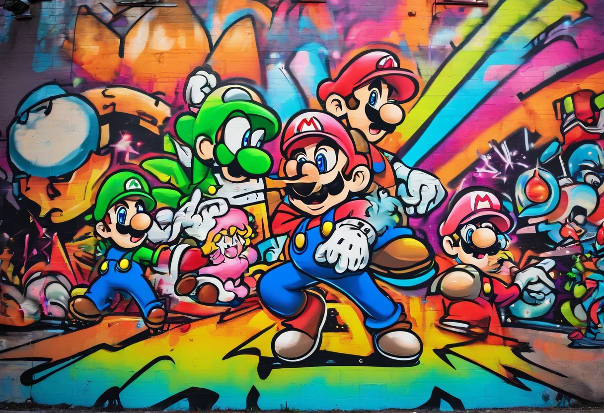 Graffiti, Mario, luigi, princess peach, and king kuppa are at a rave with king kuppa as the DJ as they dance with poi, glowsticks,  and l.e.d. light up  gloves while dresseded like old school candy ??? ravers and smoking weed.