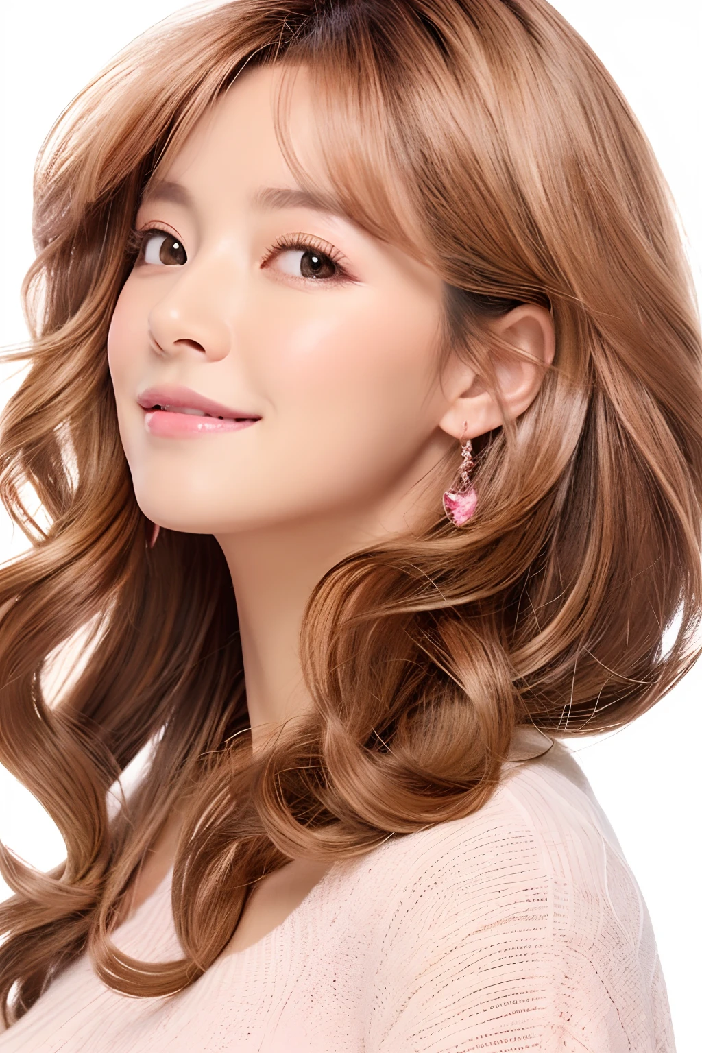 White background、femele、The color used is gold、pink there、Brown is the main color、Warm illustration style、The ends of the woman's hair are curled、Laughing、winc