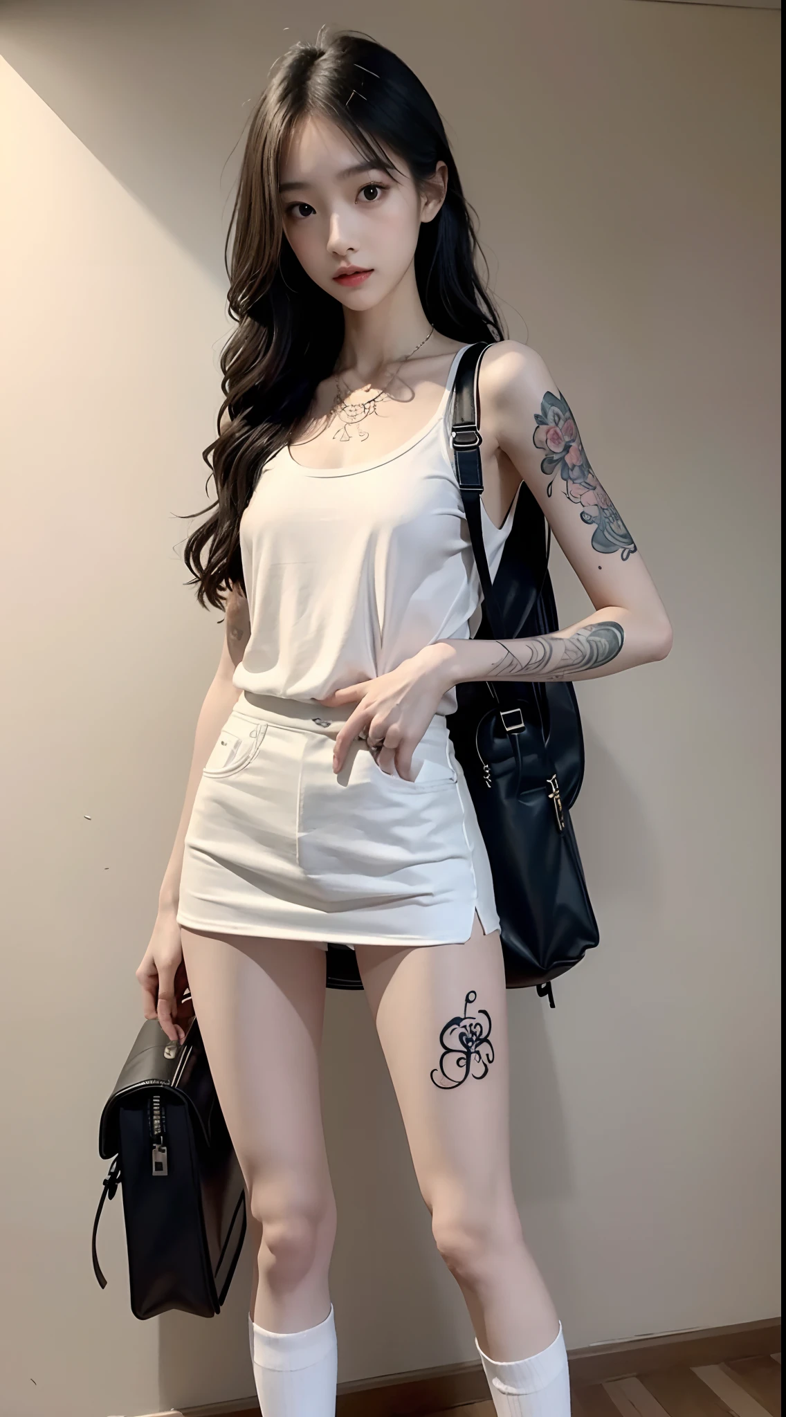 Masterpiece, Best quality, 1girll,stand posture,anatomy correct,校服,White mid-tube socks,Tattooed with,wavy and long hair,Accurate and delicate face,Accurate and perfect legs,Slender and slender figure,Skinny,Skinny,Smaller bust,There are tattoos on the legs,Converse shoes,bookbag