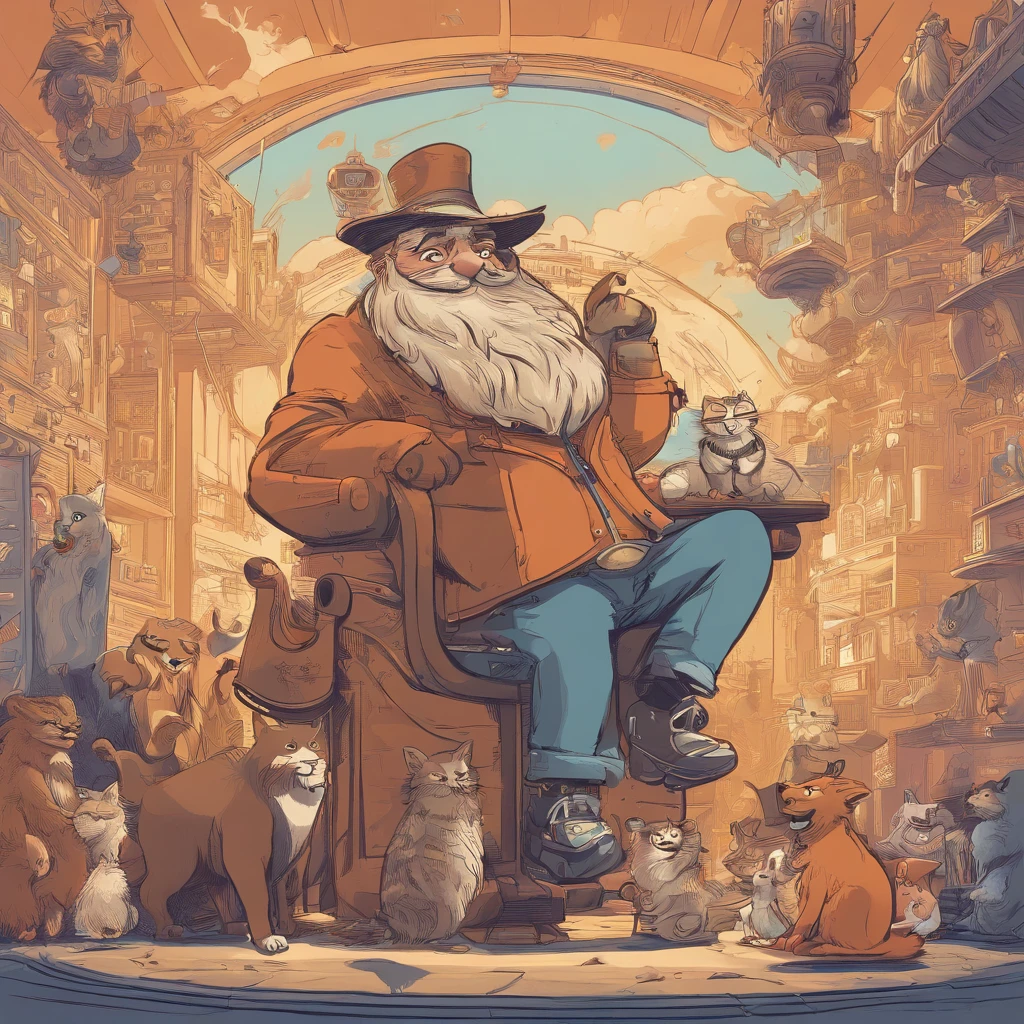 Um cartaz de filme pixar da disney com um personagem de barba e bigode curtos. Usando roupa de bruxo, sorrindo, cantando num microfone de pedestal, in one arm holding a dog and in the other holding a cat. Under a blue sky, cheio de estrelas, planetas e discos voadores