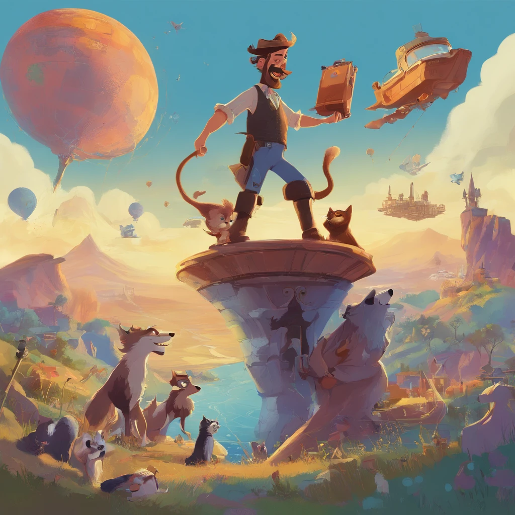 Um cartaz de filme pixar da disney com um personagem de barba e bigode curtos. Usando roupa de bruxo, sorrindo, cantando num microfone de pedestal, in one arm holding a dog and in the other holding a cat. Under a blue sky, cheio de estrelas, planetas e discos voadores