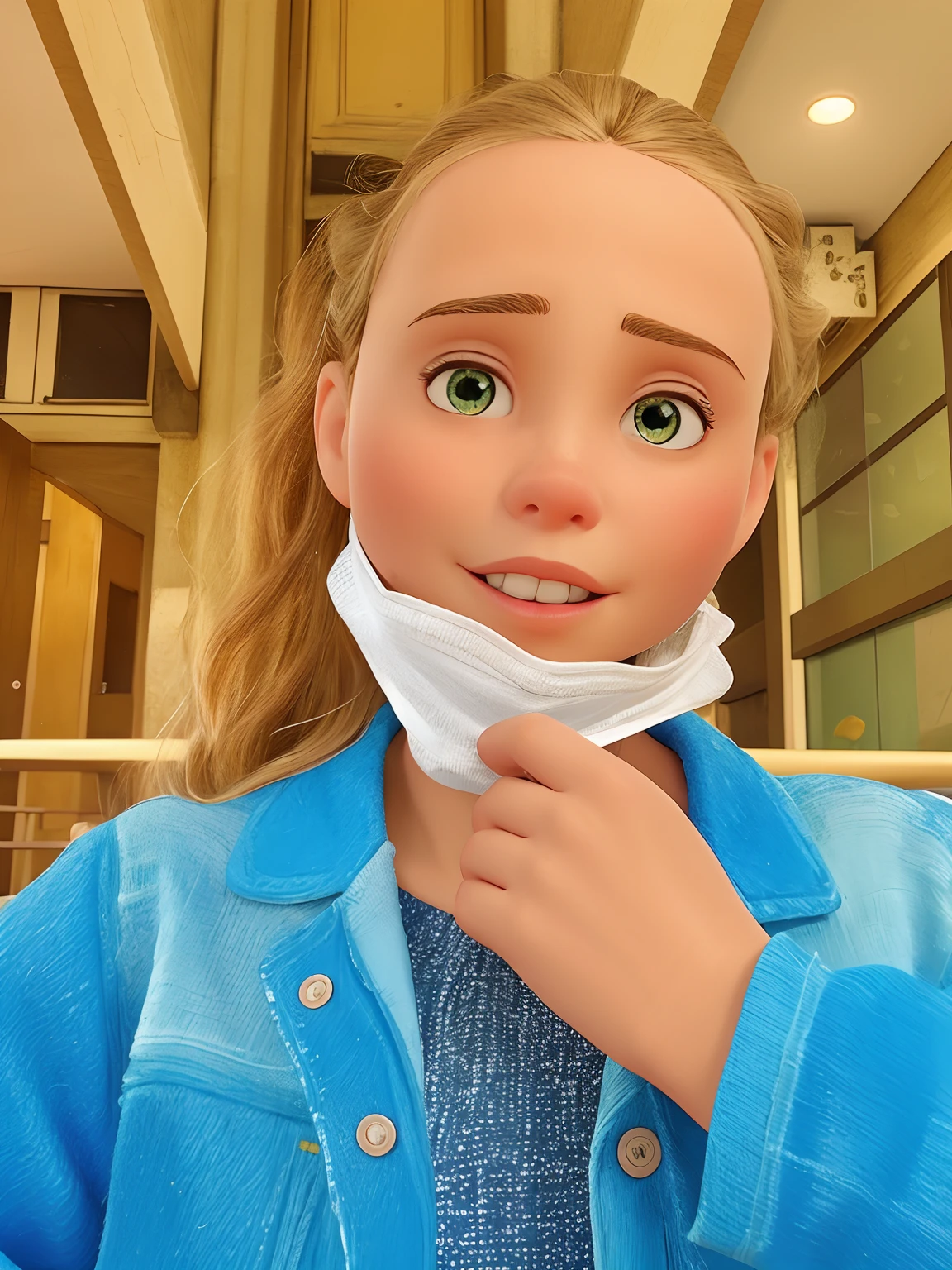 Arafed girl in a blue jacket and white mask, ela tem cerca de 1 6 anos de idade, Greta Thunberg, Greta Thunberg sorrindo, by Amelia Peláez, TIA MASIC, Onze/Millie Bobbie Castanho, Directed by: David Ruby, tiradas em 2022, Ekaterina, Taran Dasha, Retrato Sophie Mudd