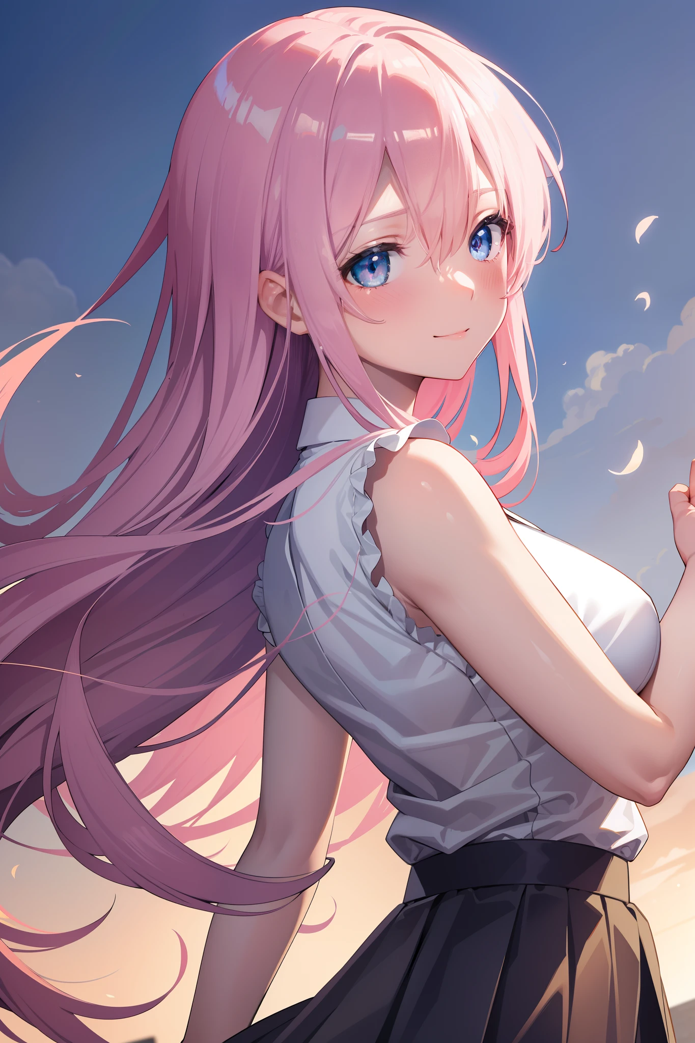 Masterpiece, Best quality, 1girll, Upper body, Nature, reeds, full bloom, Light smile, Long hair, Pink hair, Blue eyes, angle of view,from the front side, self-shot