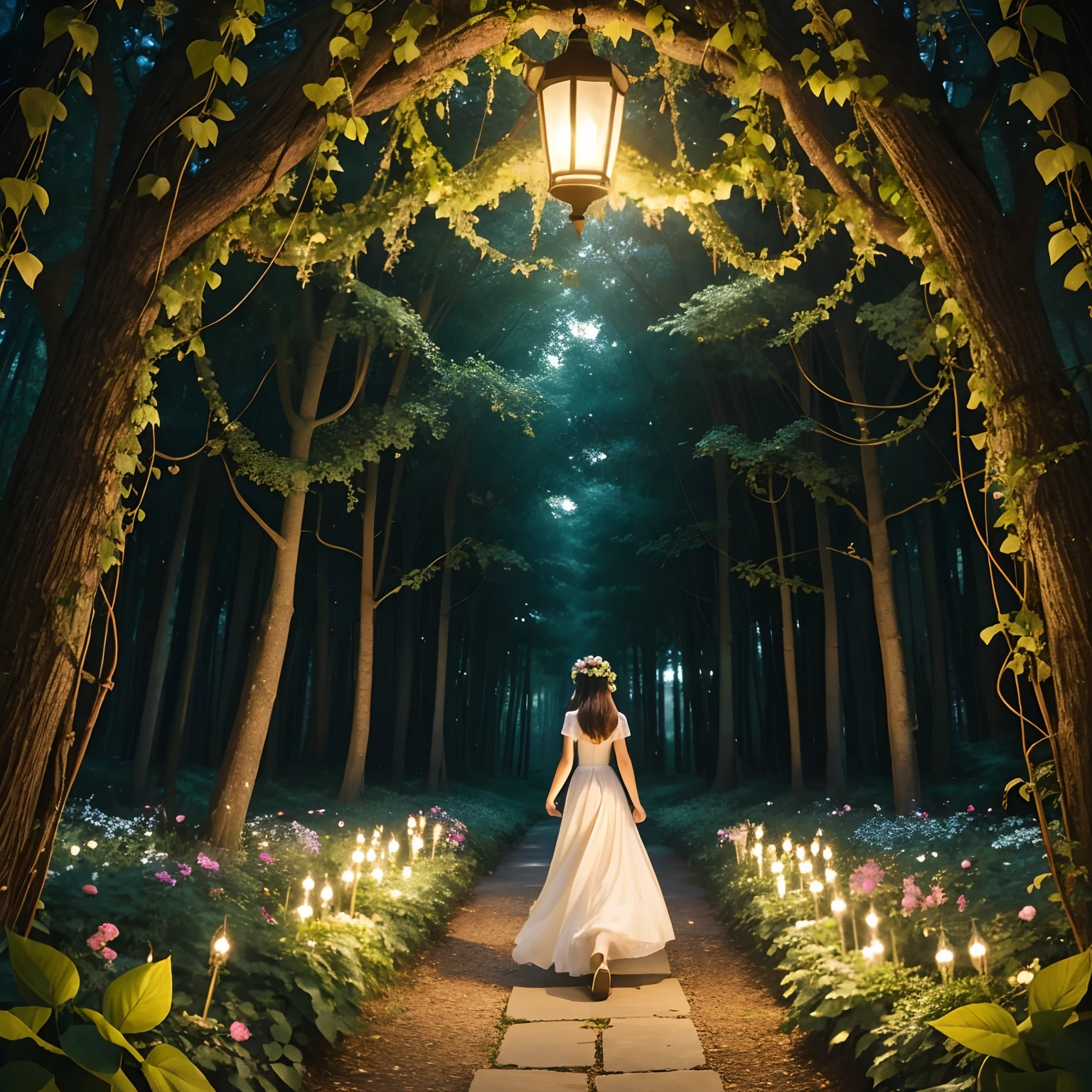 person walking through mirror to a forest of Life fairy flowers Vines lanterns
