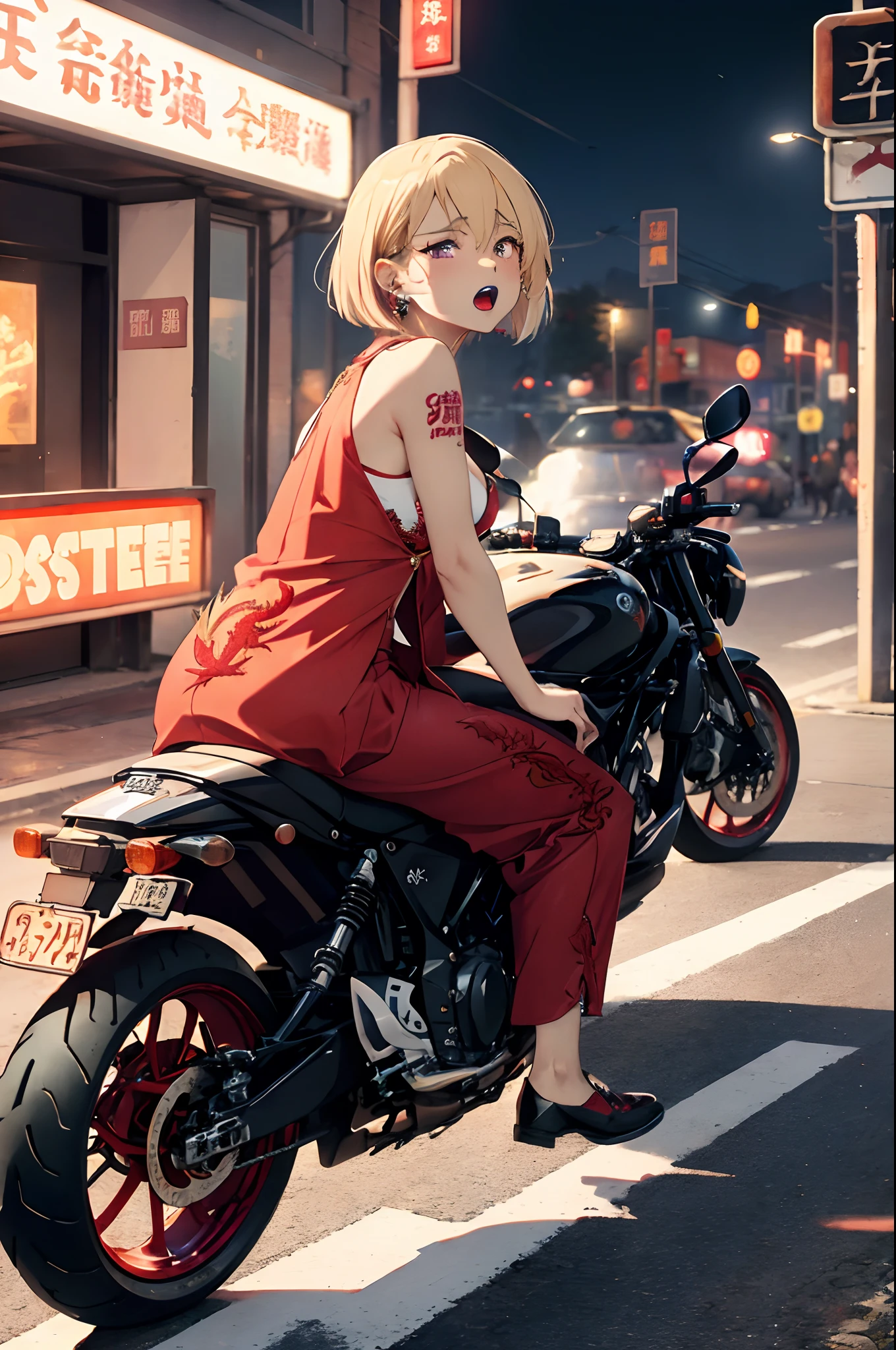 (master piece:1.4),ultra-quality, Hyper Detailed,Perfect drawing,3D Photography,16K illustrations、(((clearface)))、((Hi-Res))、1 persons、femele、(((Riding a motorcycle)))、(((Wheelie)))、((Lift the front wheel))、((Runs only on the rear wheels))、(((Placing the center of gravity on the rear wheels)))、(((a blond)))、(((a short bob))),The tattoo、(((Whitening skin)))、((Violet lipstick))、(Raised corners of the eyes)、((Outrage:1.1))、((chin raised))、(((opens his eyes wide)))、((despise:1.2)),((glares:1.2))、((Big open mouth:1.2))、(((Shout loud:1.3)))、((Wrinkles between the eyebrows))、(numerous piercings in the ears), BREAK (Red Theme:1.5), ((Red Outerwear, Oversized red pants, Red baggy pants): 1.4), (She wears a long red coat with dragon embroidery over a black tank top:1.5), ((cleavage, 鎖骨) :1.2), ((Navel, ankle):1.3), (Pump 1.2), (earrings:1.2), (Chinese charactersa, Chinese charactersa:1.2),((Old Style Motorcycle:1.3)),((intersection)),((intersection))、(((nocturnal)))、(Night)、in a street、(neon signs)、Bustling street、Slip sign、((Feeling of sprinting))、(((Dynamic Actions)))、Detailed drawing、((Sense of speed))