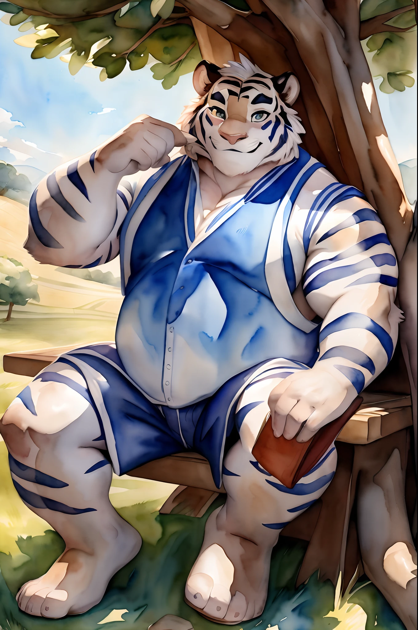 Hominidae, Pose for Camera. 4K, high resolution, Best quality, posted on e621, (Solo:1.2), Anthropomorphic white tiger, male people, old, Thick eyebrows, Light blue stripes, Strong body, large pecs, ((White vest and shorts)), Small raised, Pink milk clusters, Leaning under a large tree, Holding a book, grassy fields, Dappled light and shadow, (sport, Muscular, Heavyweight:1.2), ((Sit in the shade)), Solo, Correct anatomy, (White background, Watercolor background:1.1), (by Chunie, author:Taran Fidler:0.8), (Detailed eyes:1.2), Sexy, (cel-shaded:1.2), cartoon shading, (aquarelle:1.2), Smile, Be red in the face, (view the viewer:1.2), Bright eyes, Front view