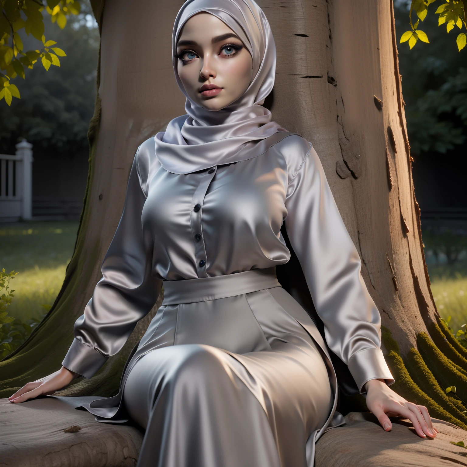 3DMM, ((Masterpiece, best quality, photography, detailed skin, realistic, photo-realistic, 8k, highly detailed, full length frame, High detail RAW color art, diffused soft lighting, shallow depth of field, sharp focus, hyperrealism, cinematic lighting, hijab, a woman in a beautifully makeup, smokey eyeshadow, beautiful big eyes, long eye lashes, wearing (Taupe satin hijab), loosely tide hijab style, ((gray satin shirt)), satin long maxi skirt, reading, sitting under tree, garden