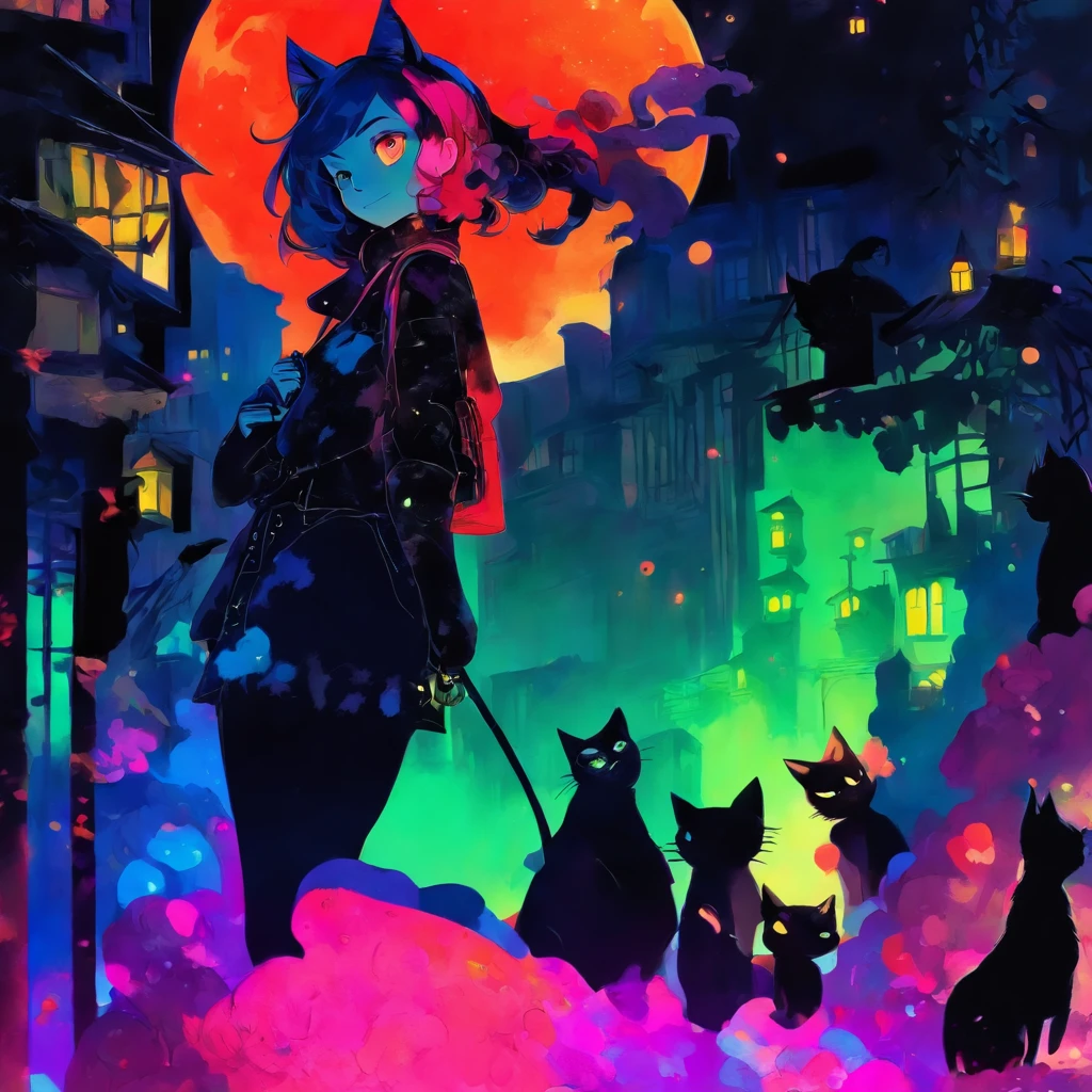 girl with a black cat on her shoulder, in anime style, there is a one cat next to her, in anime style, coraline, detailed fanart, anime style illustration, masterpiece, high resolution, one girl, one black cat, Button in the background acuarela style, one large button in the back, flat background, white background, illustration for sticker, sticker art