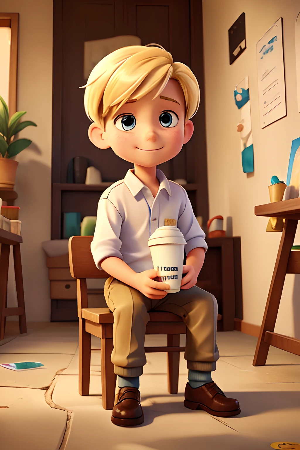 illustration of a blonde hair 10 years old boy sitting on ground and holding a cup of coffee in his hands, in water color painting style, masterpiece