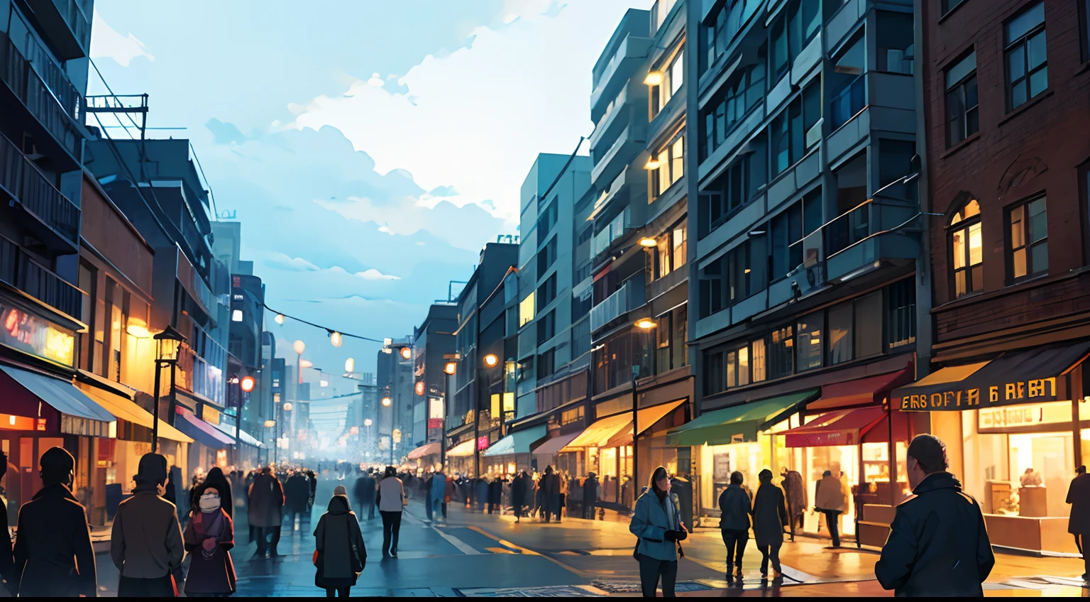 cloth store, morning, street side, city, crowd, soft lighting, best quality, hazy glow, dreamy atmosphere, hyper detailed, masterpiece, (colorful), cowboy shot, from below, outdoors, morning, clouds, busy,