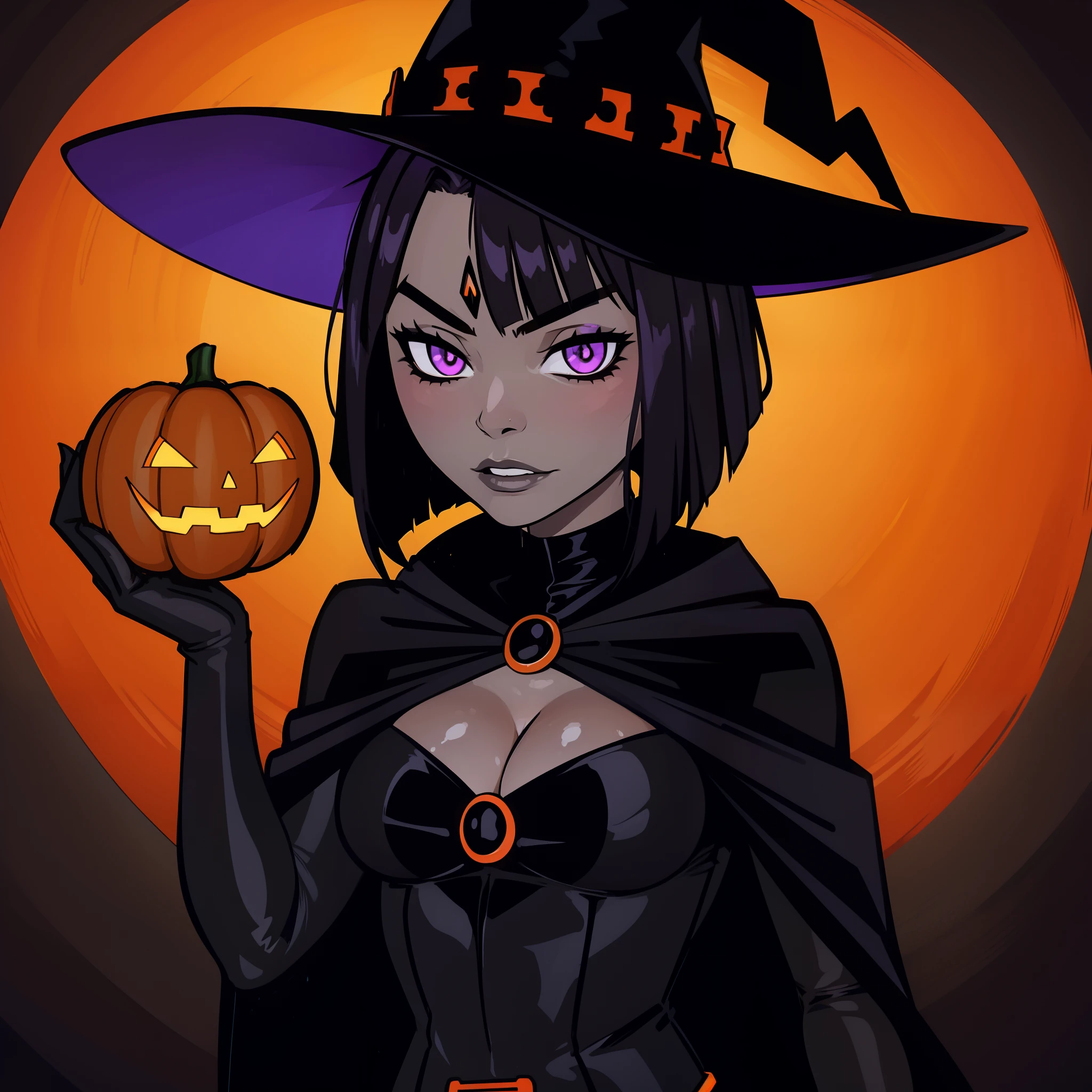 Raven as a witch for halloween, black and orange background, detailed, realistic body, beautiful sexy witch outfit, detailed, extremely detailed, halloween, holding pumpkin, piercings, goth girl, witch hat, glowing pumpkin, looking at viewer
